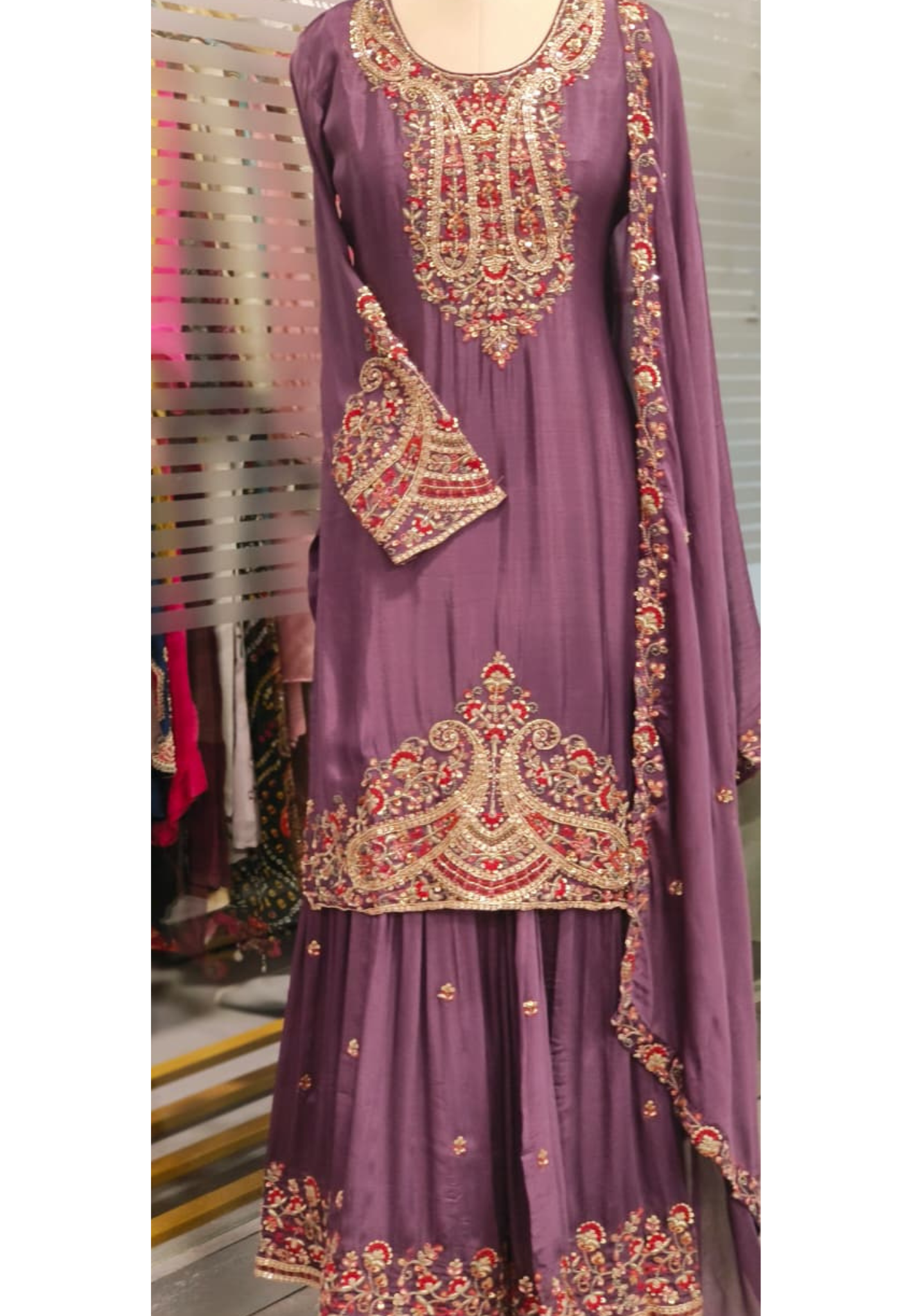 Heavily Embroidered Panel Full Suit Set With Sharara Bottom & Dupatta In Chinon Fabric- 11824