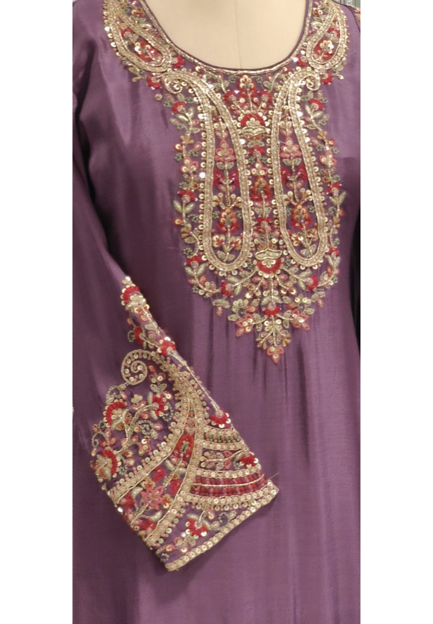 Heavily Embroidered Panel Full Suit Set With Sharara Bottom & Dupatta In Chinon Fabric- 11824