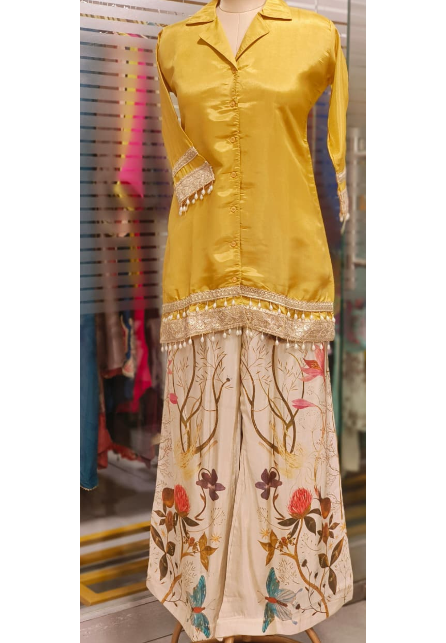 Very Elegantly Pearl Tasseled Tissue Designer Indo-Western Co-Ord Set-11787
