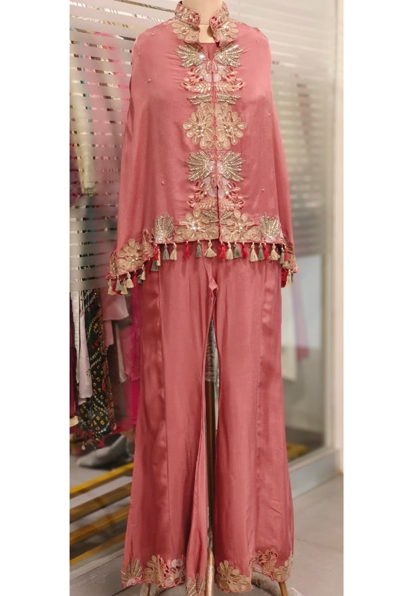 Fully Thread Tasseled Stylish Floral Cut Work Look Embroidered Indo-Western Wear Short Length Kurta With Inner & Tapared Palazzo In Chinon Fabric- 11817
