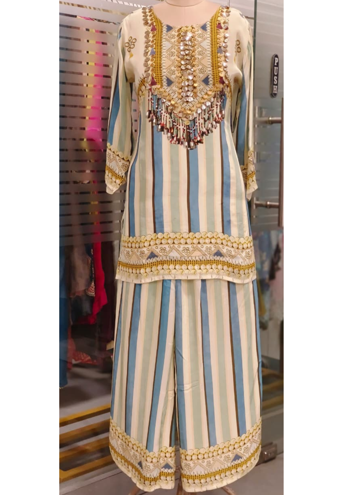 Unique Designer Tasseled & Foil Work Striped Co-Ord Set In Crepe Fabric- 11788
