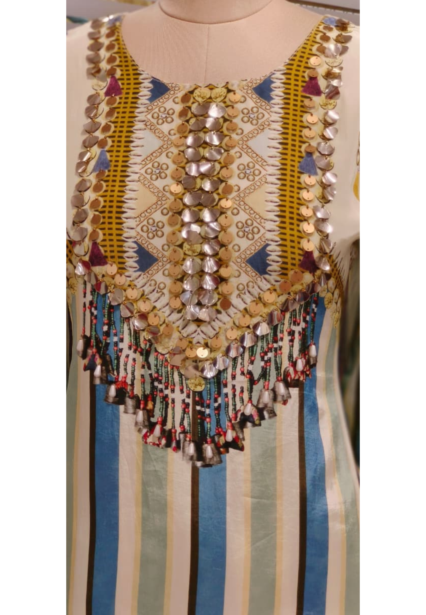 Unique Designer Tasseled & Foil Work Striped Co-Ord Set In Crepe Fabric- 11788