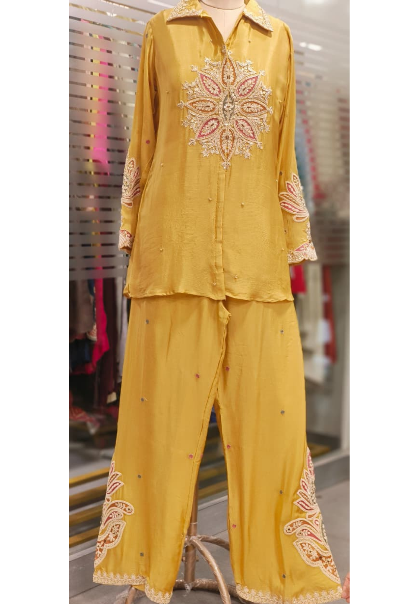 Rangoli Graceful Zardosi Front Work Collared Co-Ord Set In Chinon Fabric- 11825