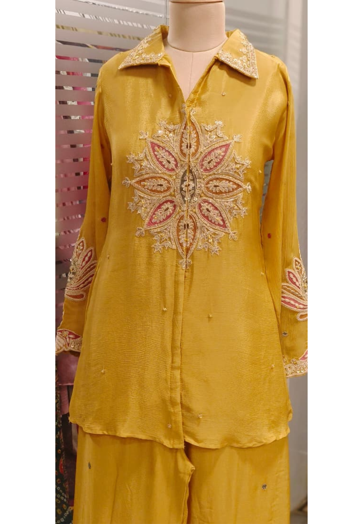 Rangoli Graceful Zardosi Front Work Collared Co-Ord Set In Chinon Fabric- 11825