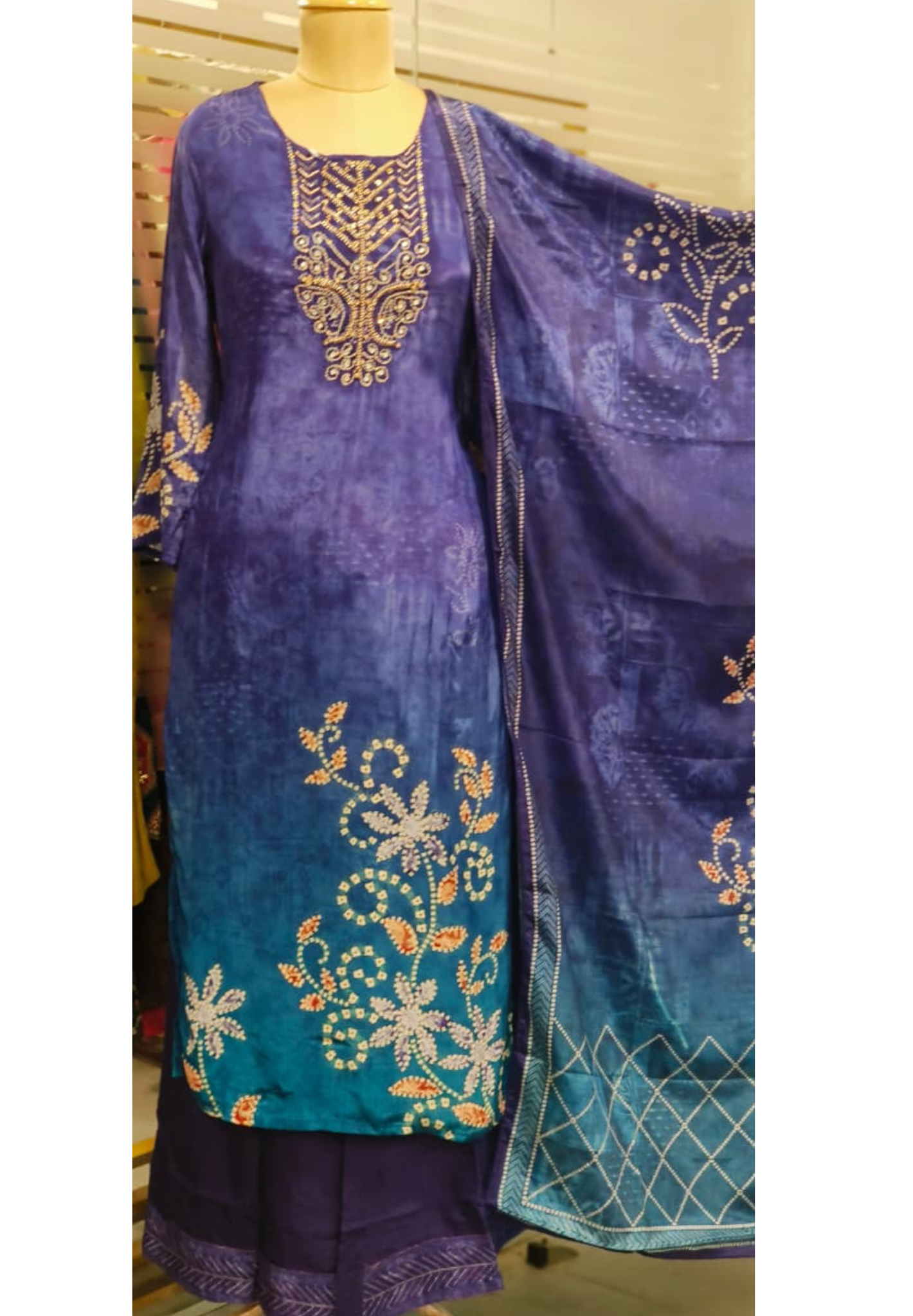 Beads Embelished Front Work Printed Full Suit Set With Dupatta In Crepe Fabric- 11800
