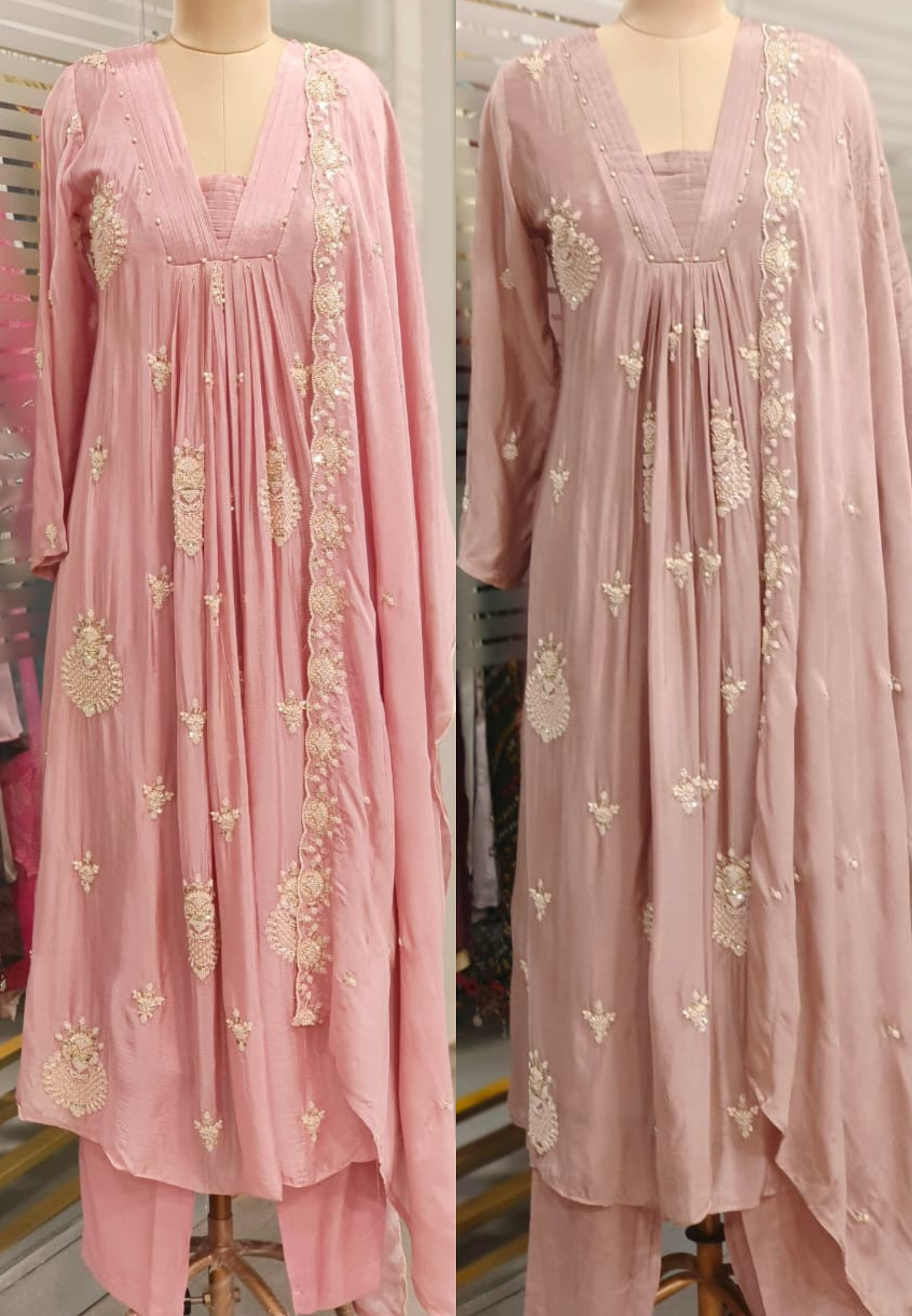 Pastel Elegance Glass Neck Embroidered Chinon Anarkali Full Suit Set With Dupatta- 11797, 11798