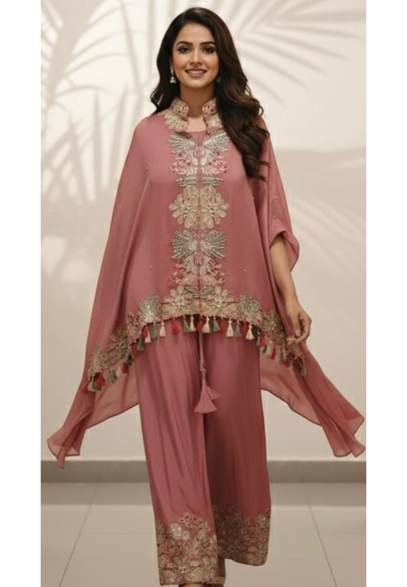 Fully Thread Tasseled Stylish Floral Cut Work Look Embroidered Indo-Western Wear Short Length Kurta With Inner & Tapared Palazzo In Chinon Fabric- 11817