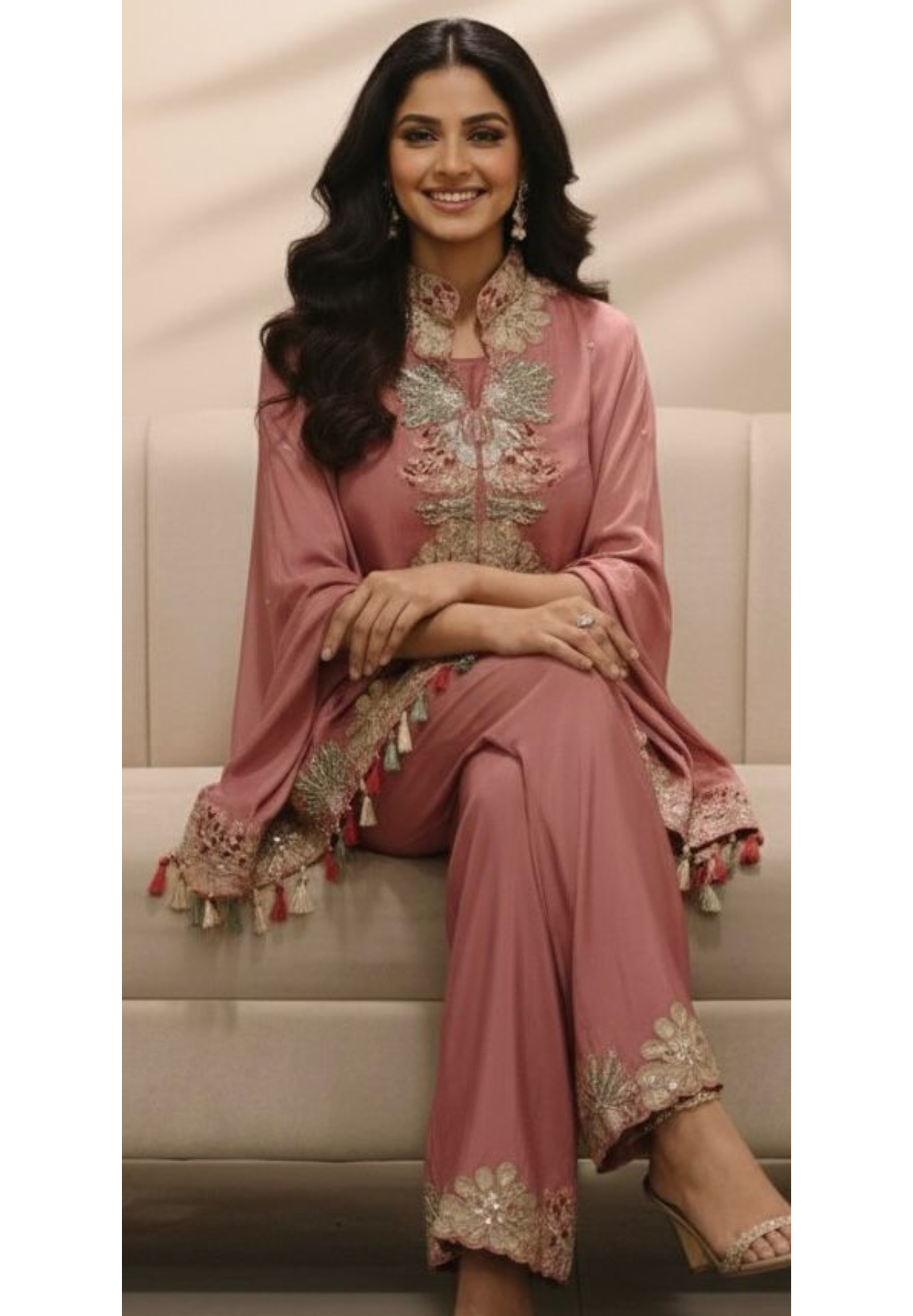 Fully Thread Tasseled Stylish Floral Cut Work Look Embroidered Indo-Western Wear Short Length Kurta With Inner & Tapared Palazzo In Chinon Fabric- 11817