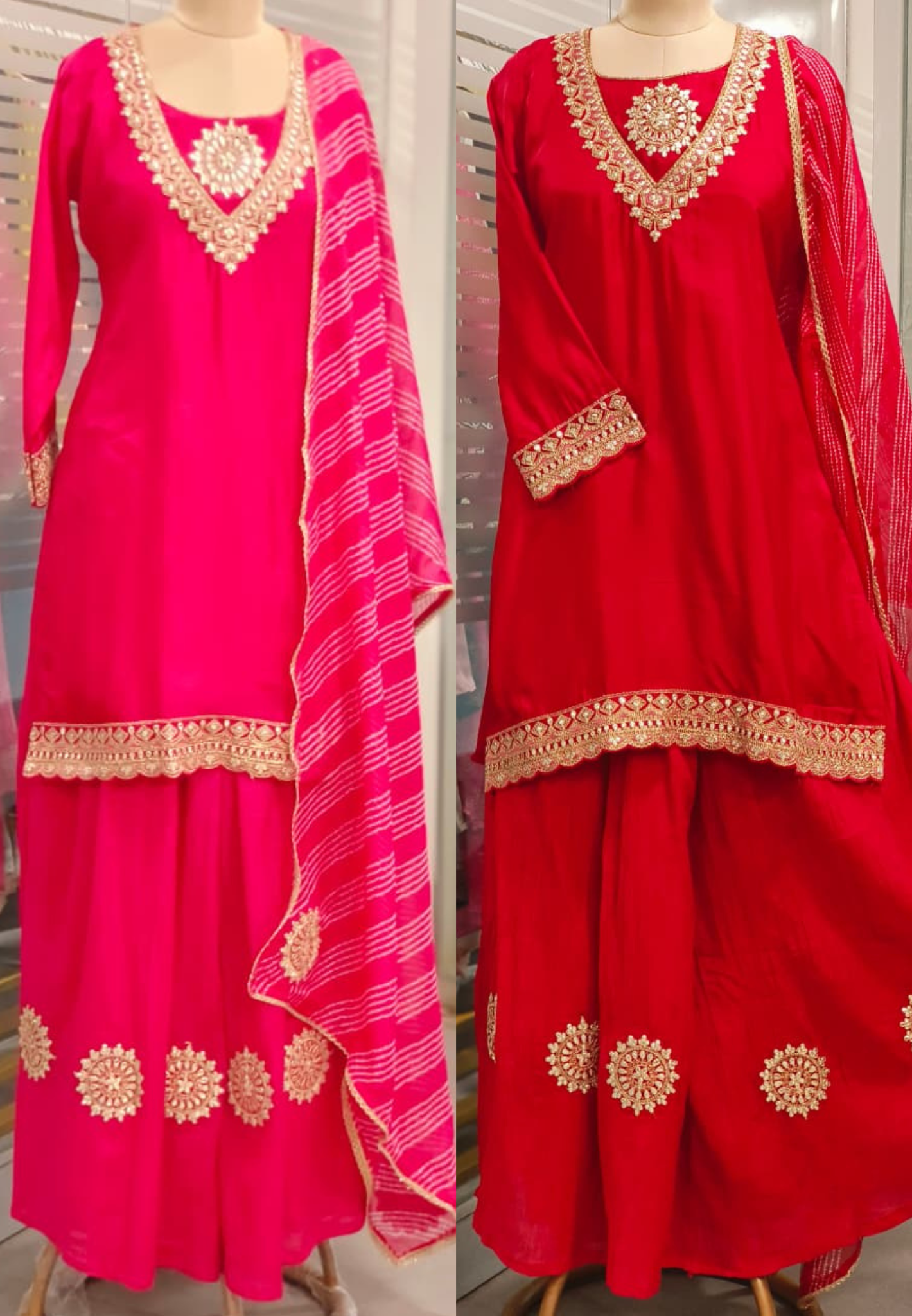 Beautiful Neck Line Front Work A-Line Russian Silk Full Suit Set With Dupatta & Mul Chanderi Palazzo Bottom- 11827