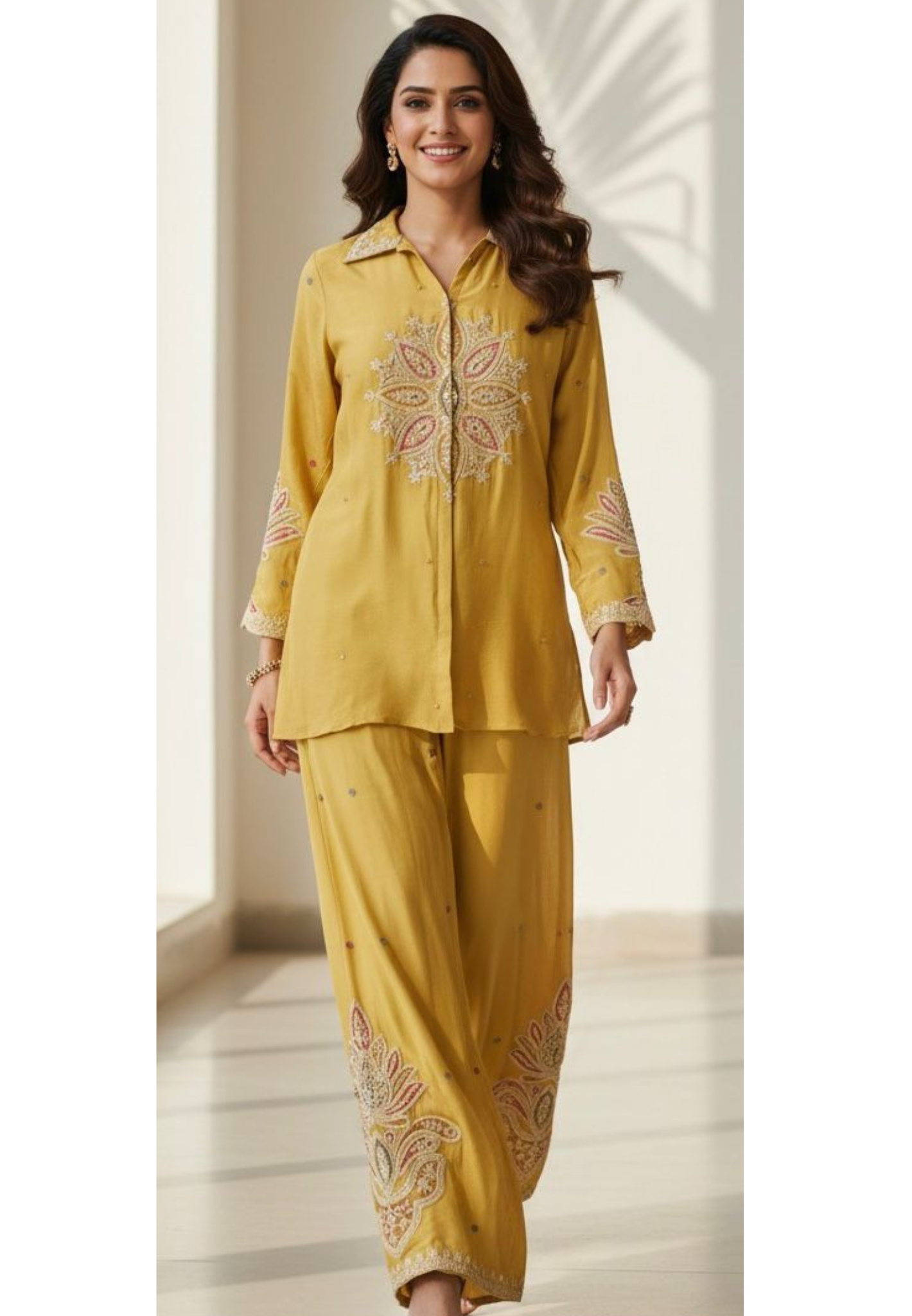 Rangoli Graceful Zardosi Front Work Collared Co-Ord Set In Chinon Fabric- 11825