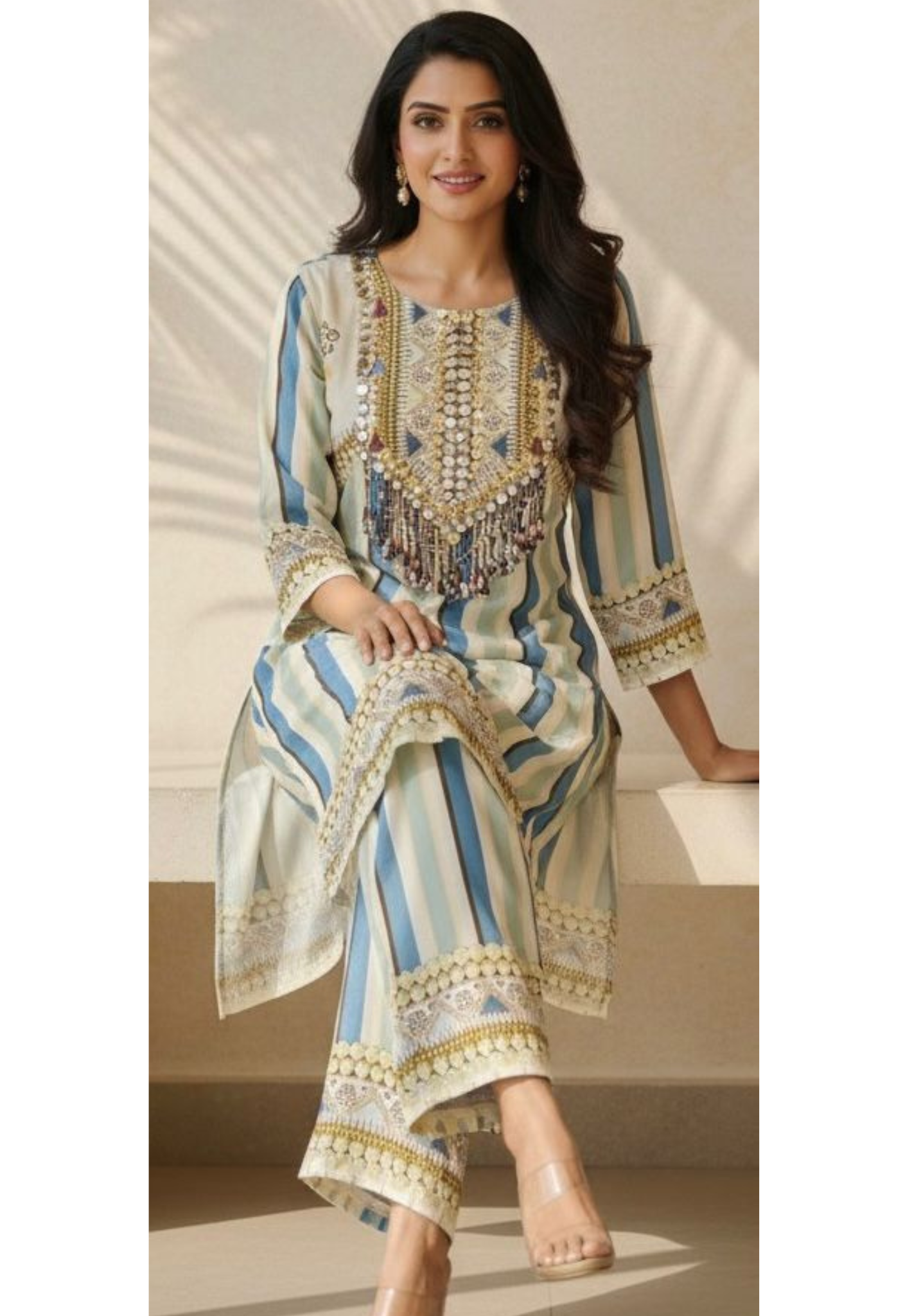 Unique Designer Tasseled & Foil Work Striped Co-Ord Set In Crepe Fabric- 11788