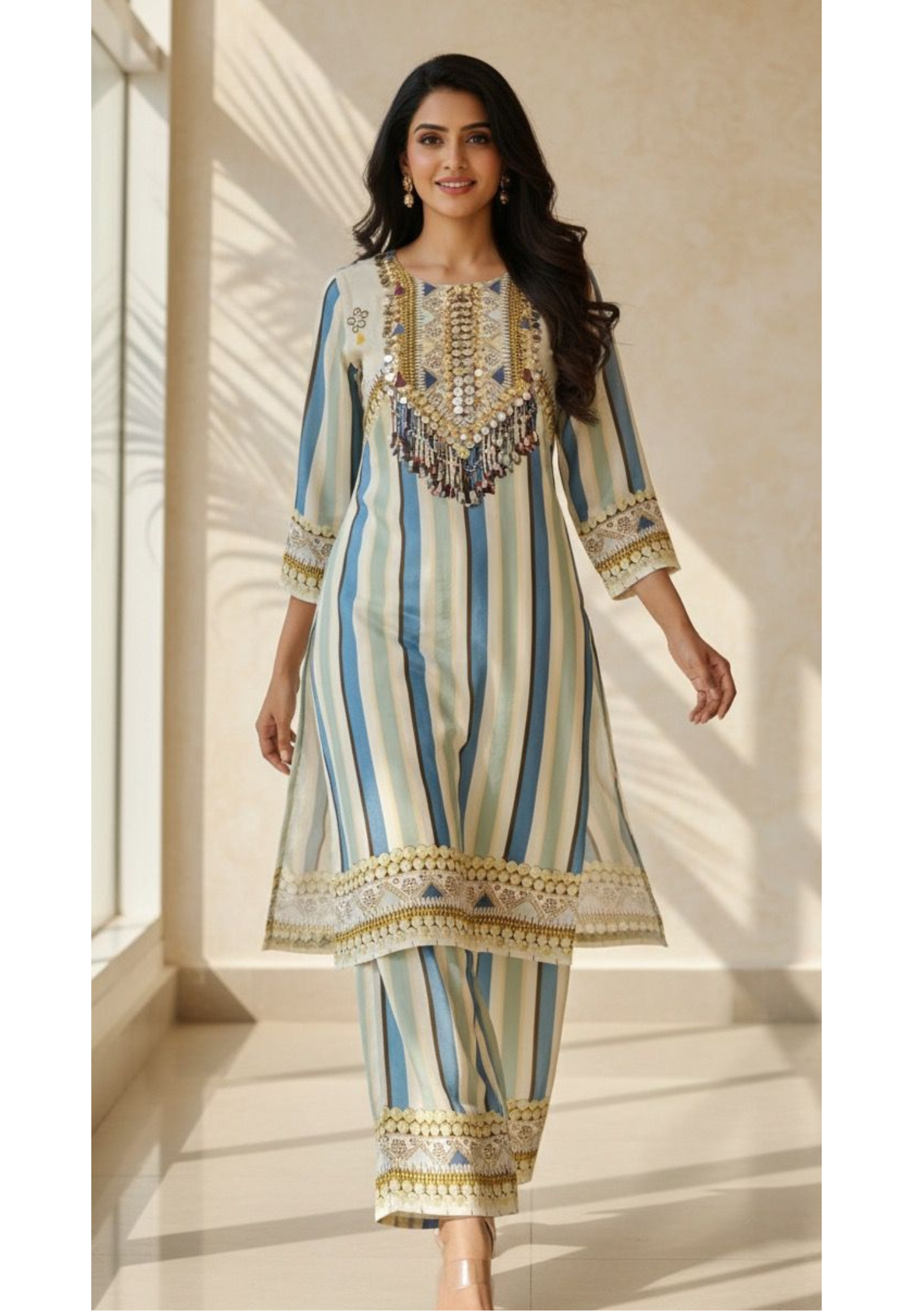 Unique Designer Tasseled & Foil Work Striped Co-Ord Set In Crepe Fabric- 11788