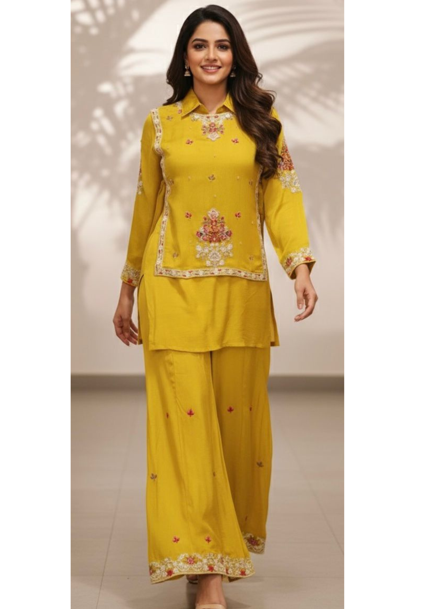 Over Layered Beautiful Embroidered Kurta With Panel Palazzo Bottom In Chinon Fabric- 11819