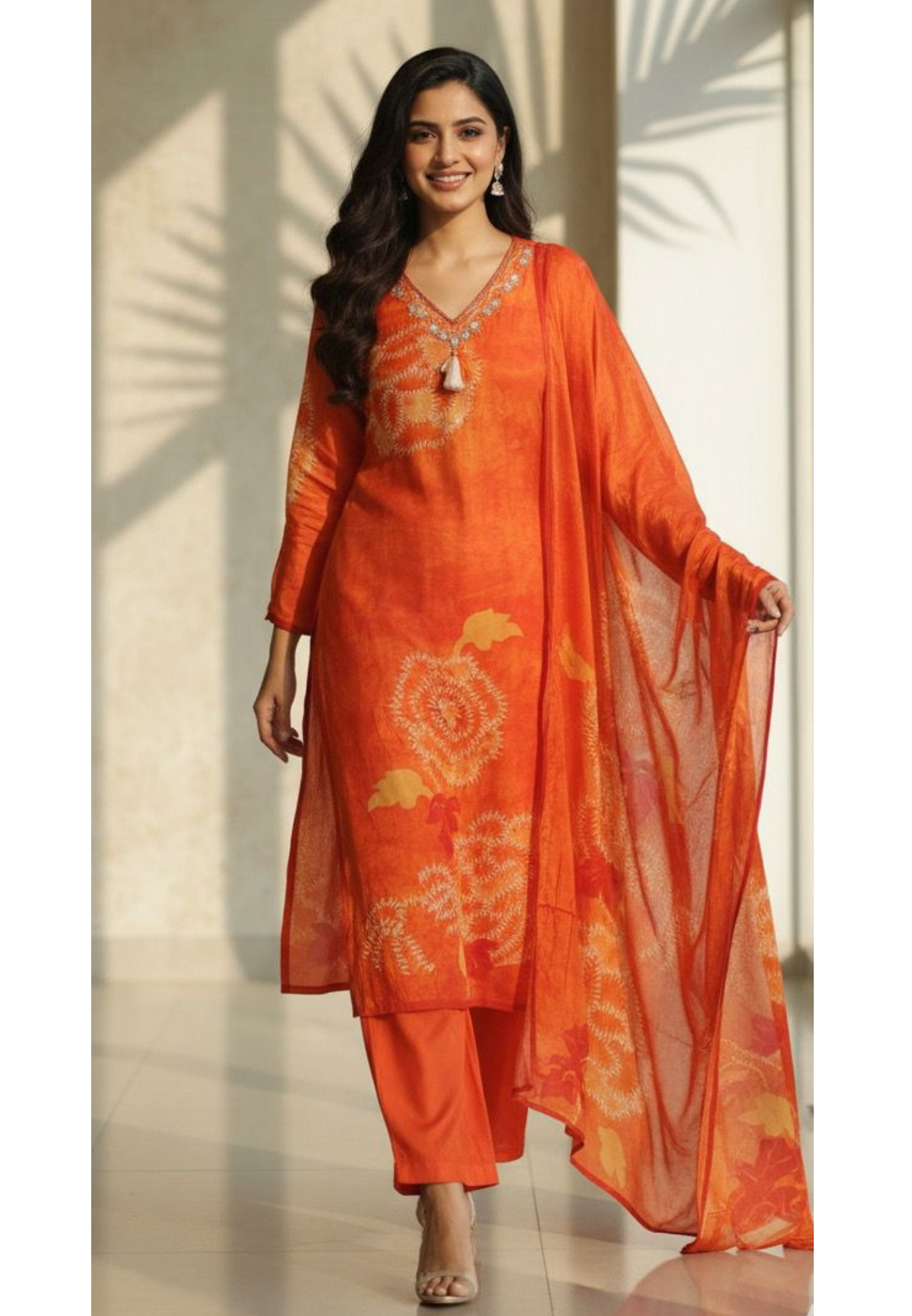 Minimal Neck Line Tassel Hang Printed Full Suit Set With Dupatta In Crepe Fabric- 11796