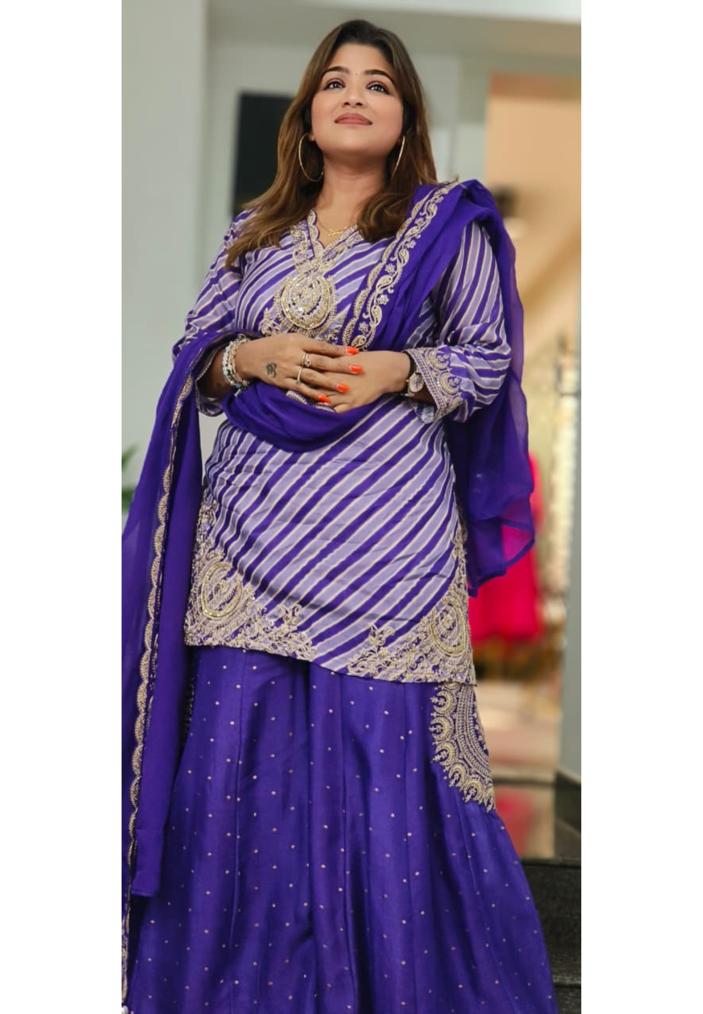 Zari Embroidered Leheriya Full Suit Set With Bordered Dupatta & Beautifully Worked Flared Panel Palazzo Bottom In HO Silk Fabric- 11459