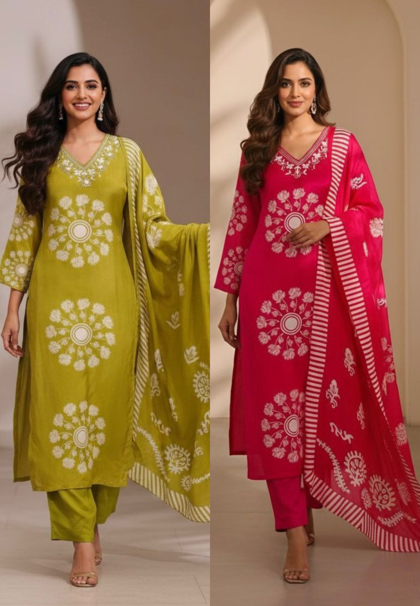 Minimal Neck Line Floral Printed Full Suit Set With Dupatta In Crepe Fabric- 11795,11794