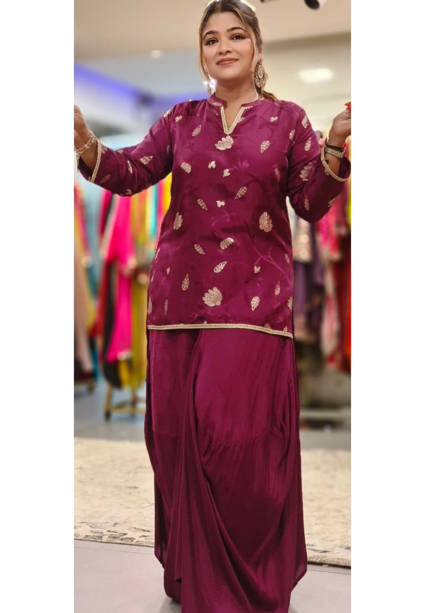 Tissue In Brocade Touch Mandarin Collared Kurta With Cowl Style Skirt With Minimal Border In Silk Fabric- 11816, 11815