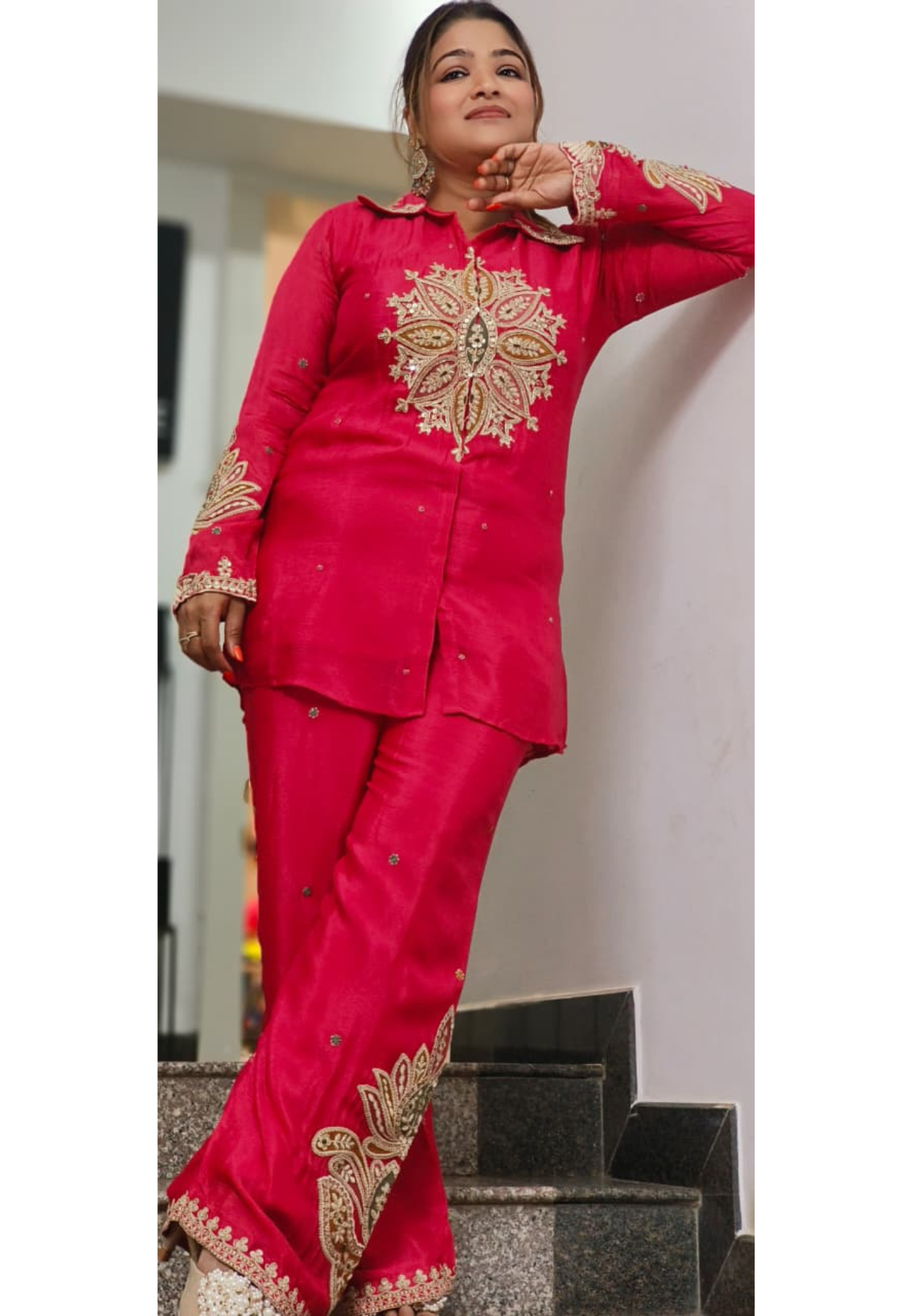 Rangoli Graceful Zardosi Front Work Collared Co-Ord Set In Chinon Fabric- 11825