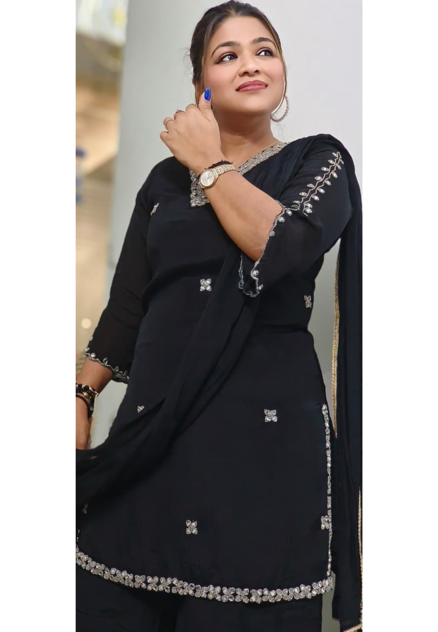 Sequenced Real Mirror Elegance Short Length Kurta With Loose Palazzo Bottom & Dupatta In Georgette Fabric- 11947