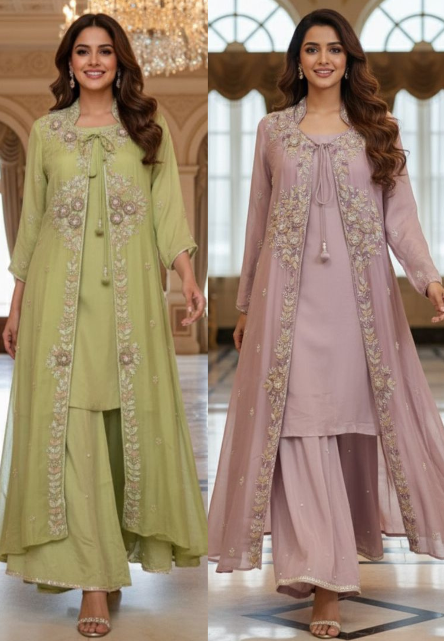 Heavily Floral Handworked Embroidered Gardenia Collared Shrug With Kurta & Palazzo Bottom