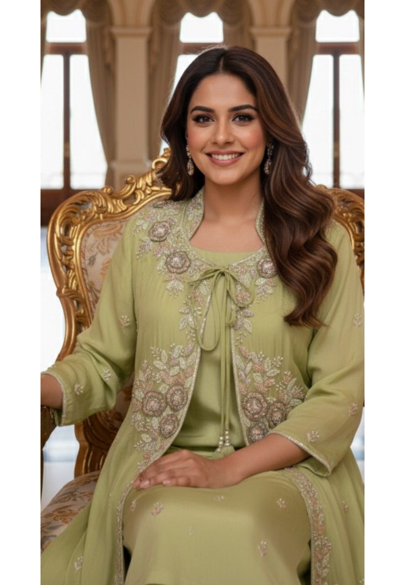 Heavily Floral Handworked Embroidered Gardenia Collared Shrug With Kurta & Palazzo Bottom