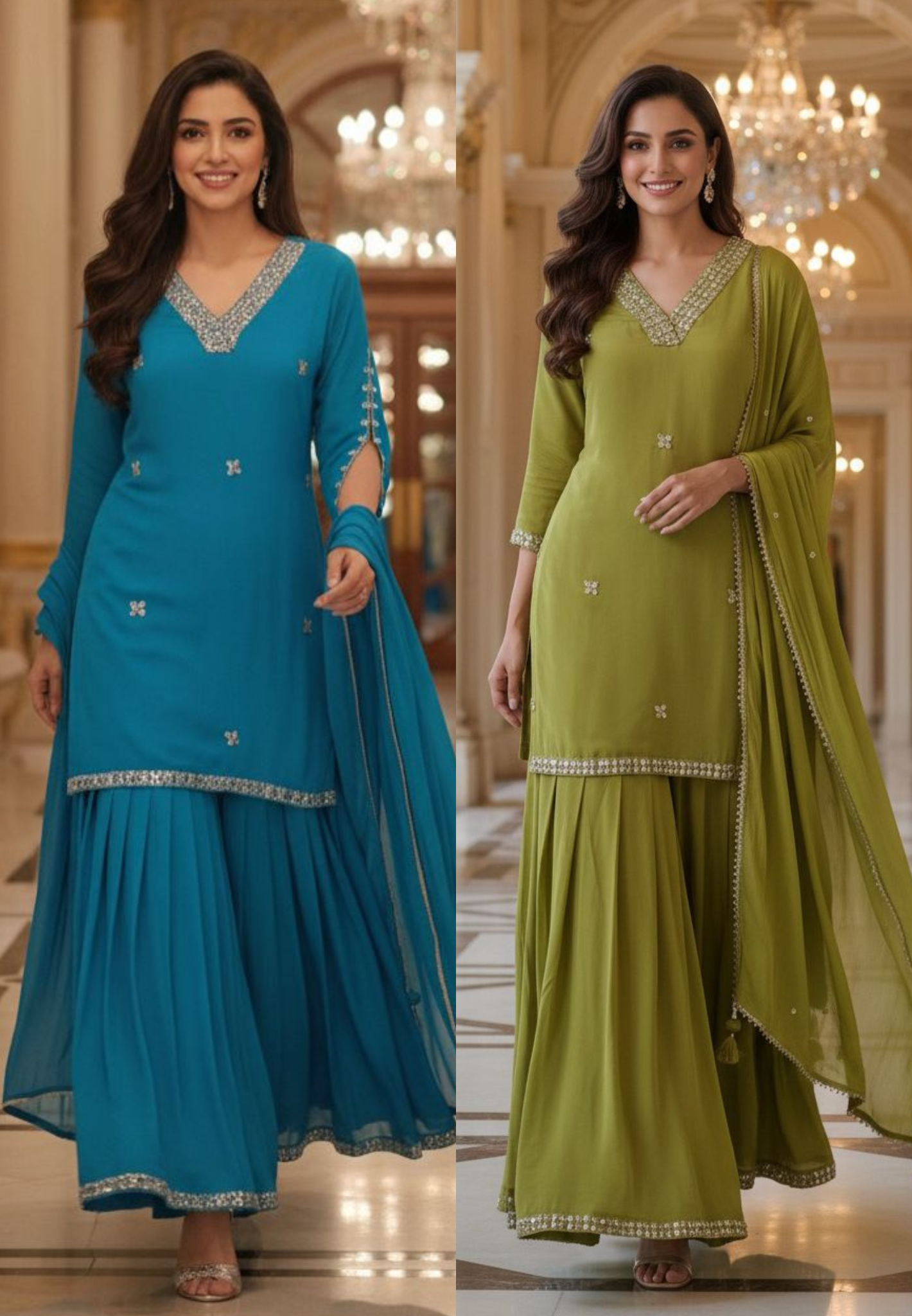 Sequenced Real Mirror Elegance Short Length Kurta With Loose Palazzo Bottom & Dupatta In Georgette Fabric- 11947