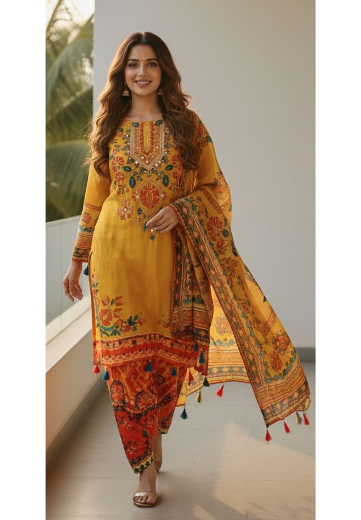 Placement Digital Floral Print With Foil Wok Full Suit Set With Dupatta In Crepe Fabric