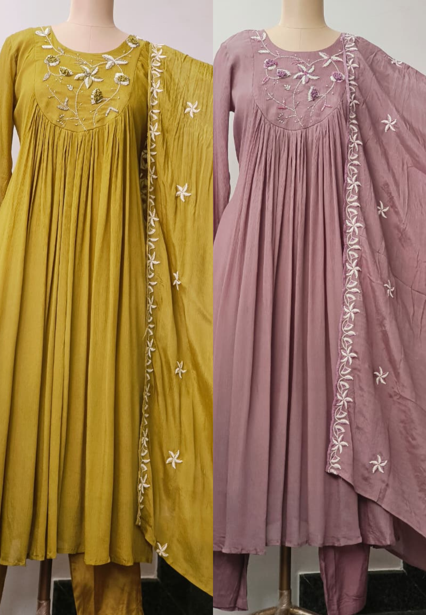 Thread Hand Work With Pearl & Cut Dana Touch Yoke Chinon Anarkali Full Suit Set With Dupatta- 11630, 11631