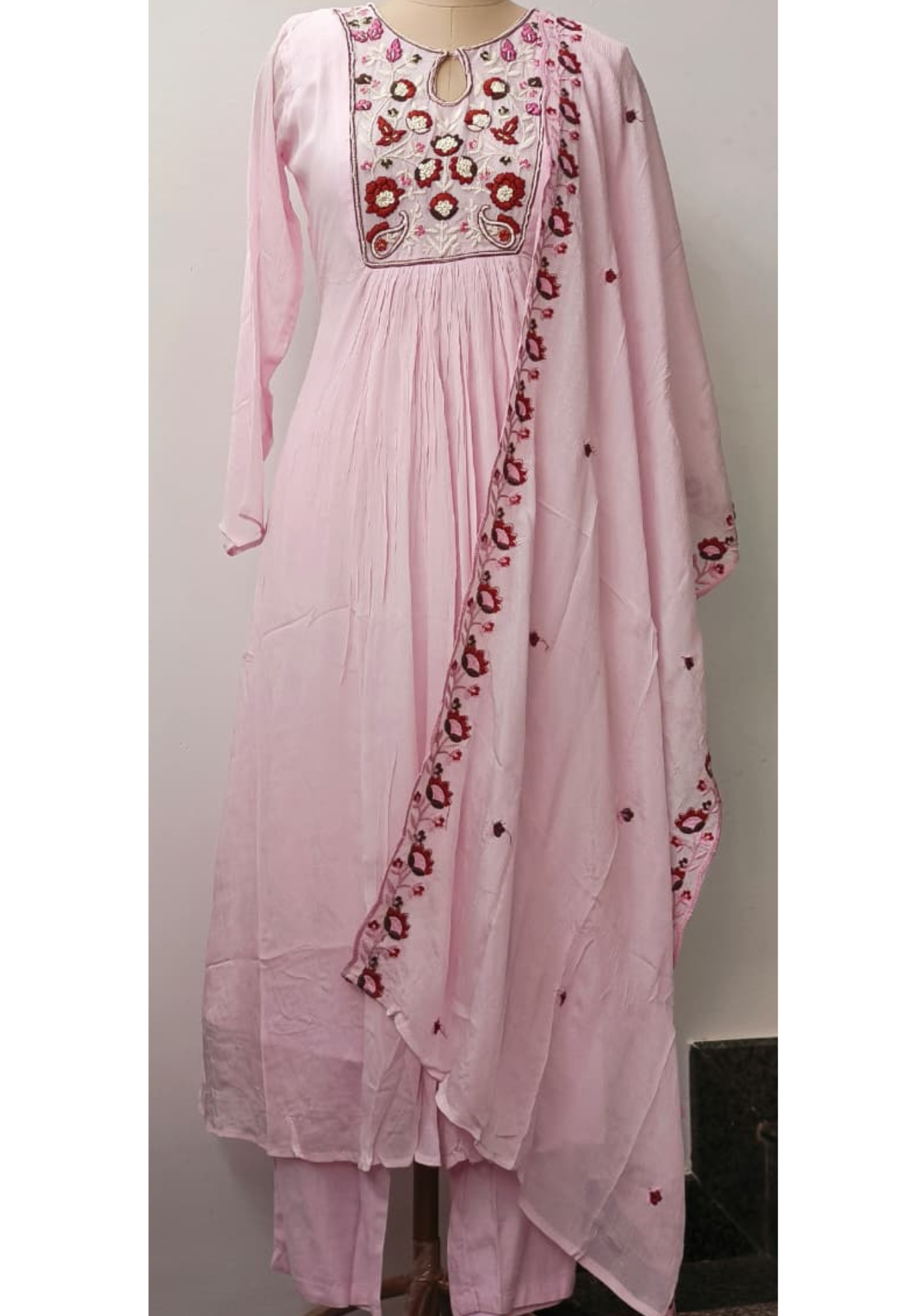 Complete Thread Embroidery Yoke Soft Tone Anarkali Full Suit Set With Dupatta In Chinon Fabric- 11730