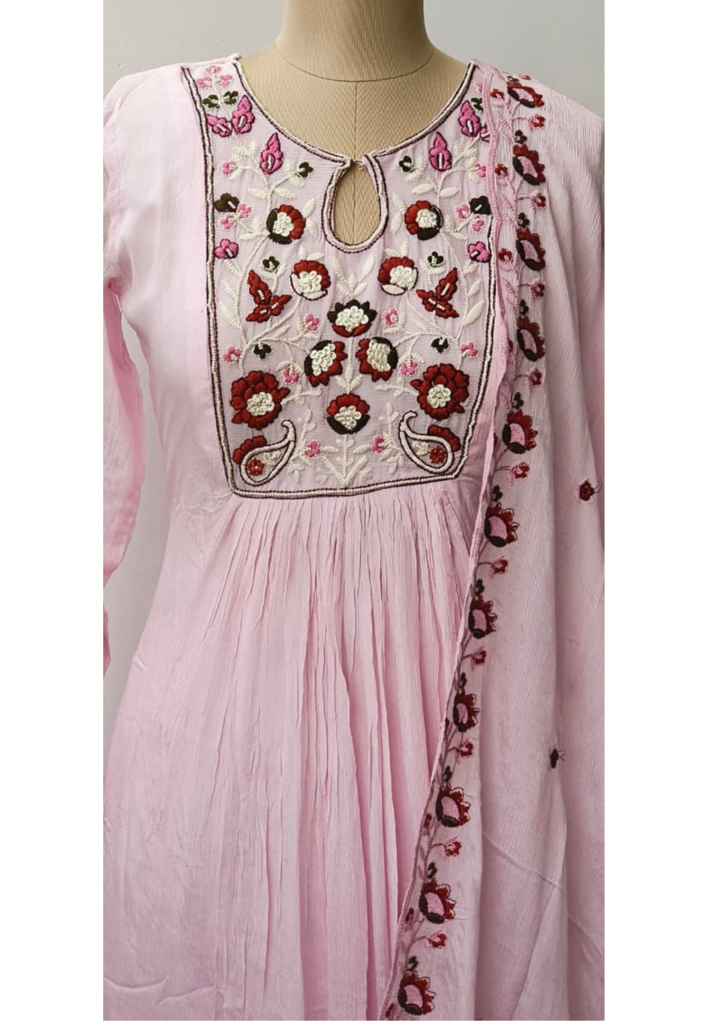 Complete Thread Embroidery Yoke Soft Tone Anarkali Full Suit Set With Dupatta In Chinon Fabric- 11730