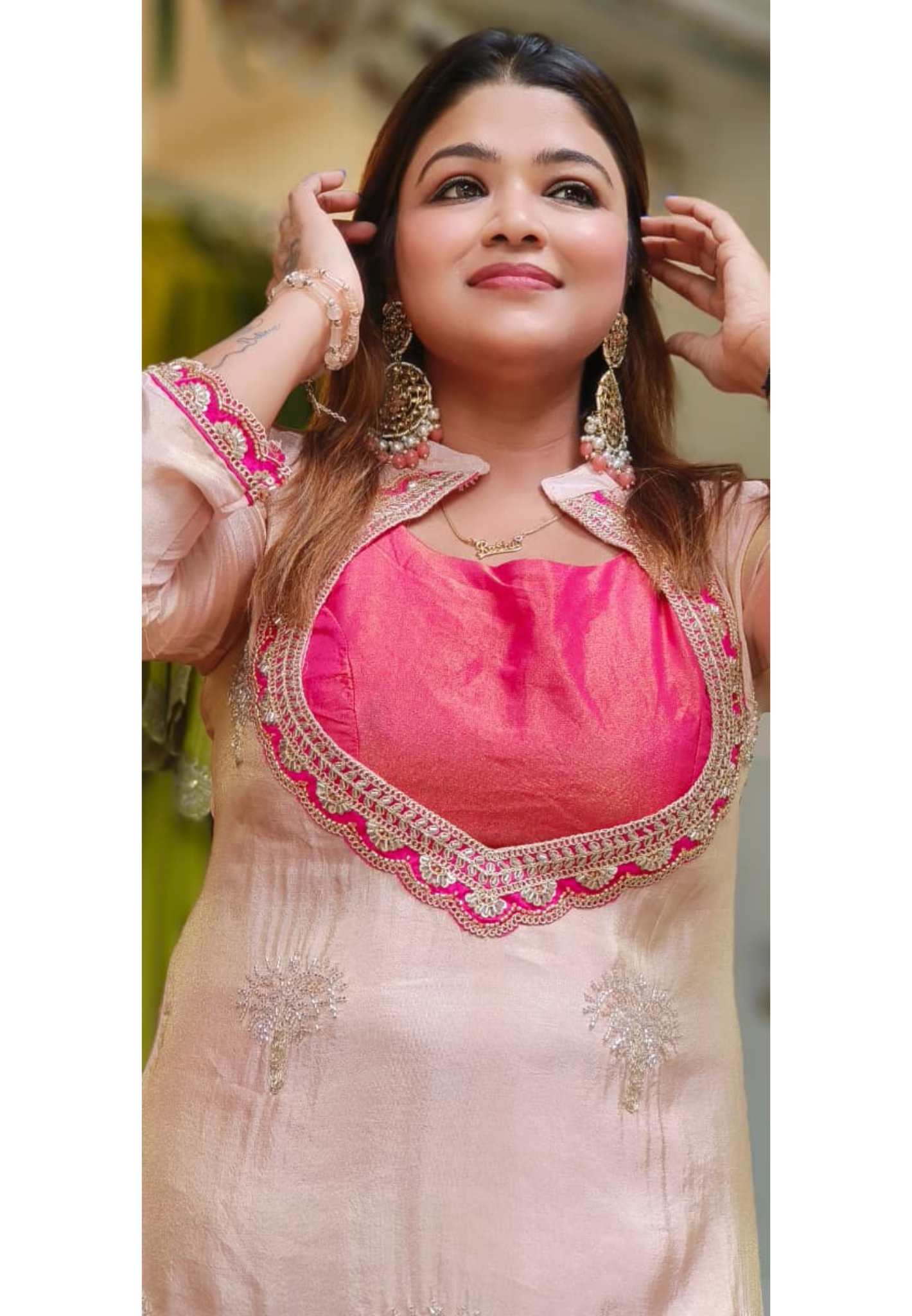 Gulabi Blush Shimmery Detachable Buster With Beautiful Bordered Kurta With Bottom In Tissue Fabric-12020