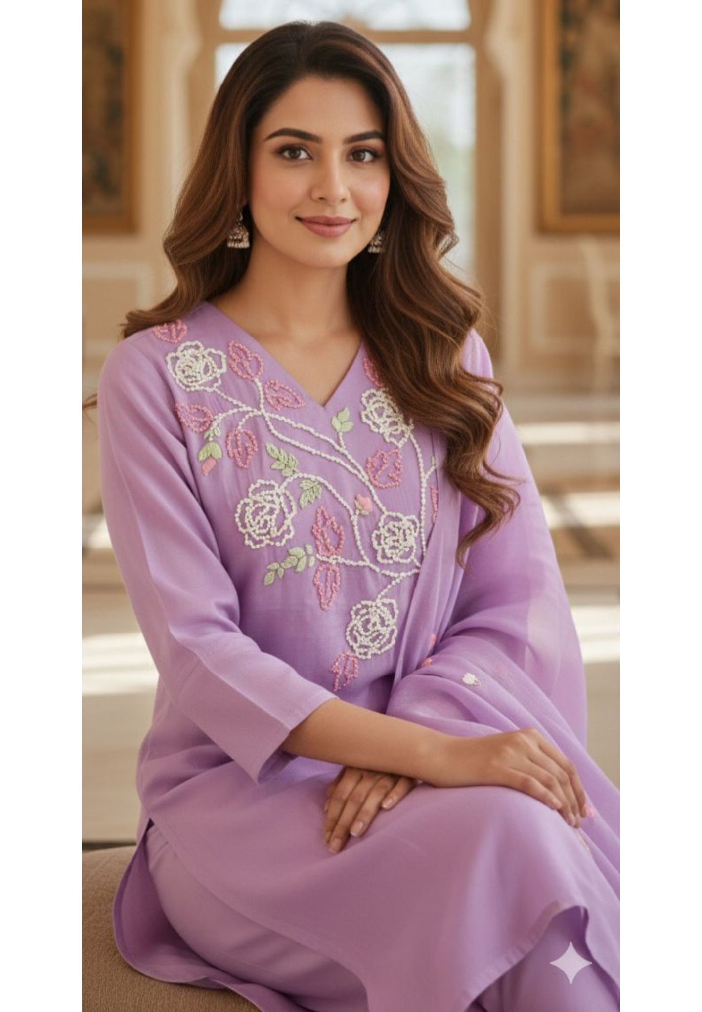 Katha Stitch Thread Embroidered Full Suit Set With Dupatta In Surat Mul Chanderi Fabric- 12001