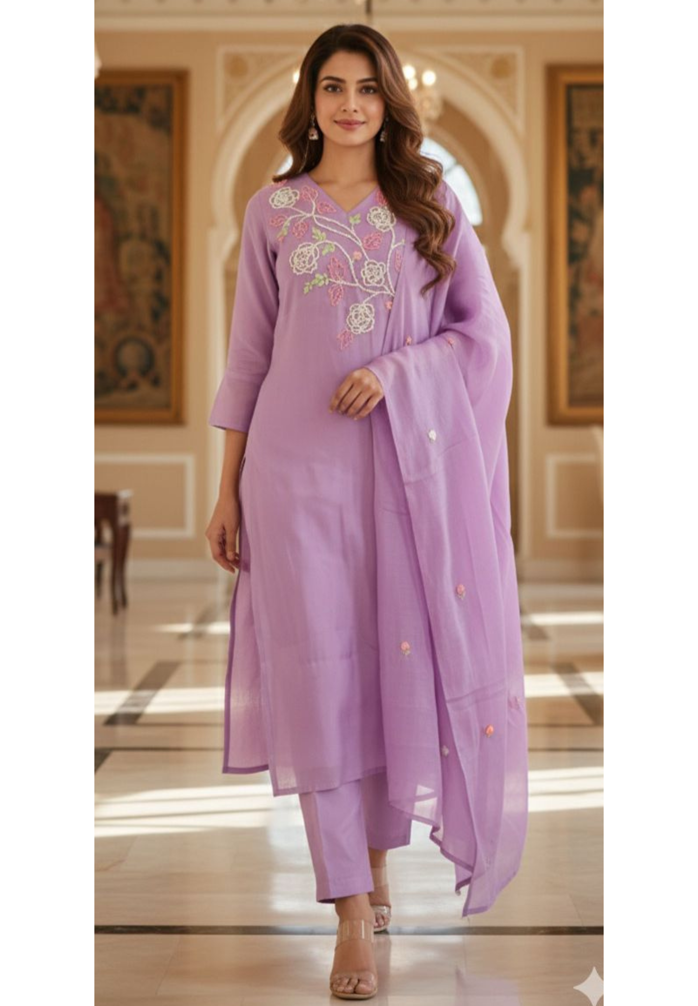 Katha Stitch Thread Embroidered Full Suit Set With Dupatta In Surat Mul Chanderi Fabric- 12001