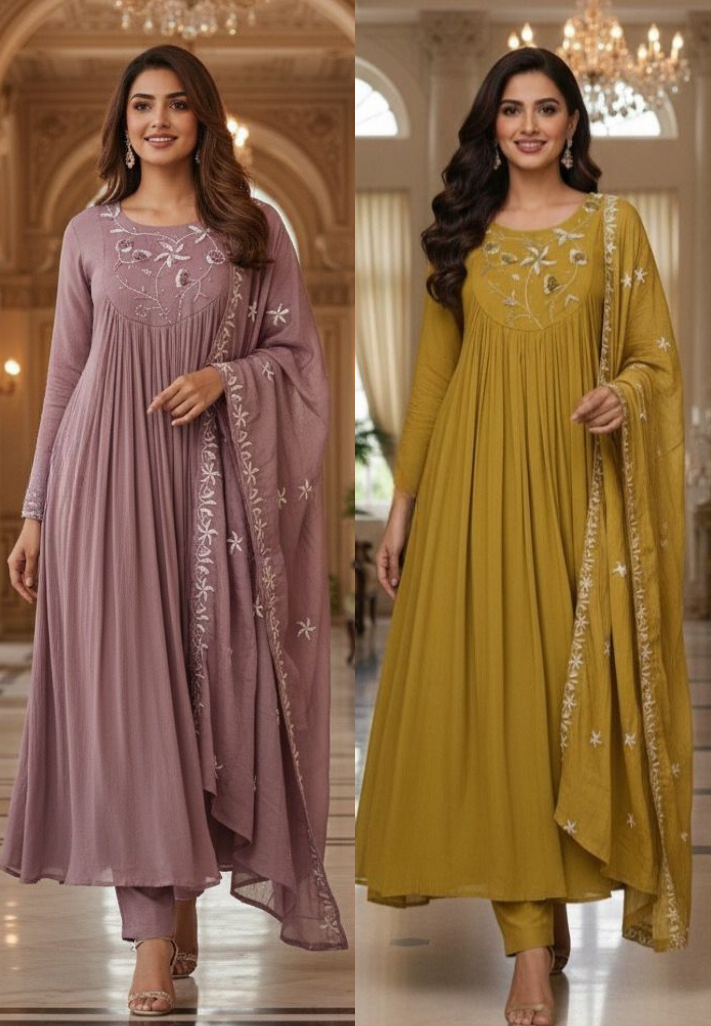 Thread Hand Work With Pearl & Cut Dana Touch Yoke Chinon Anarkali Full Suit Set With Dupatta- 11630, 11631
