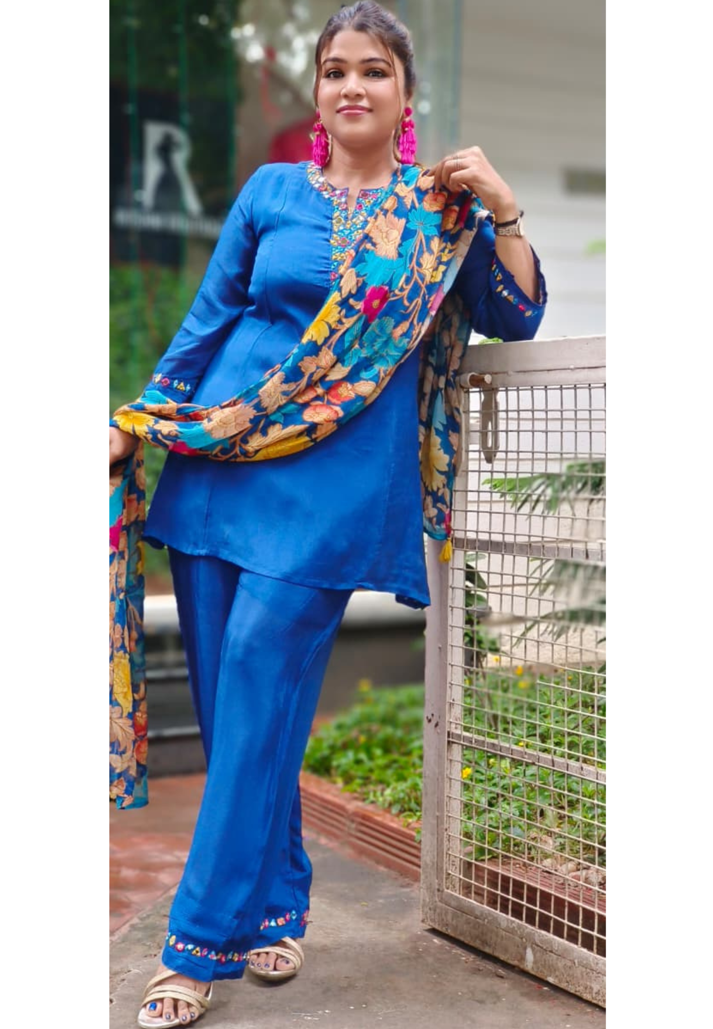 Real Mirror Over Thread Coil Neck A-Line Short Length Kurta With Farsi Bottom & Floral Dupatta In Chinon Fabric-1201,