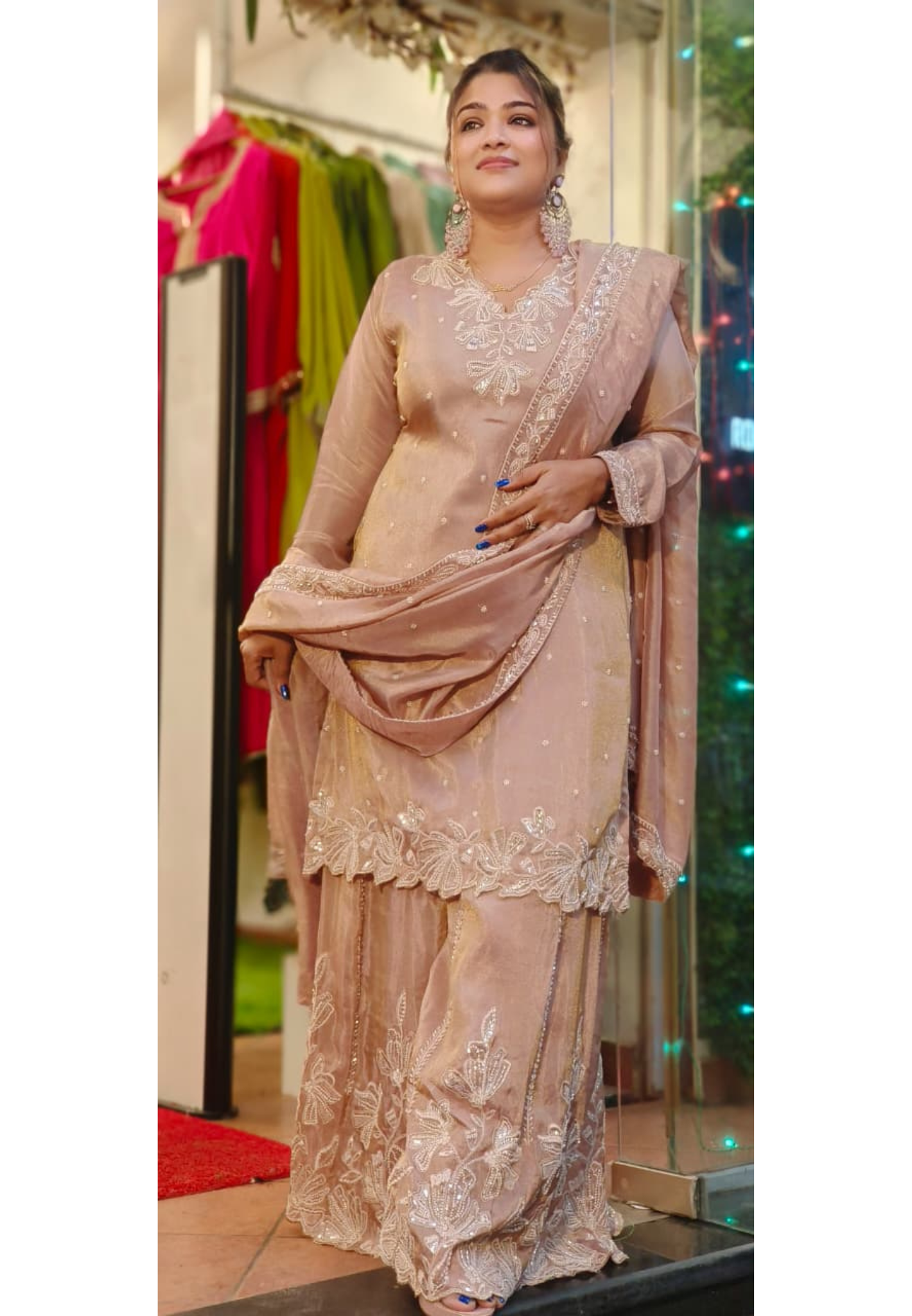 Graceful Pearl Scalap Overloaded Heavy Handwork Full Suit Set With Dupatta & Palazzo Bottom In Tissue Fabric