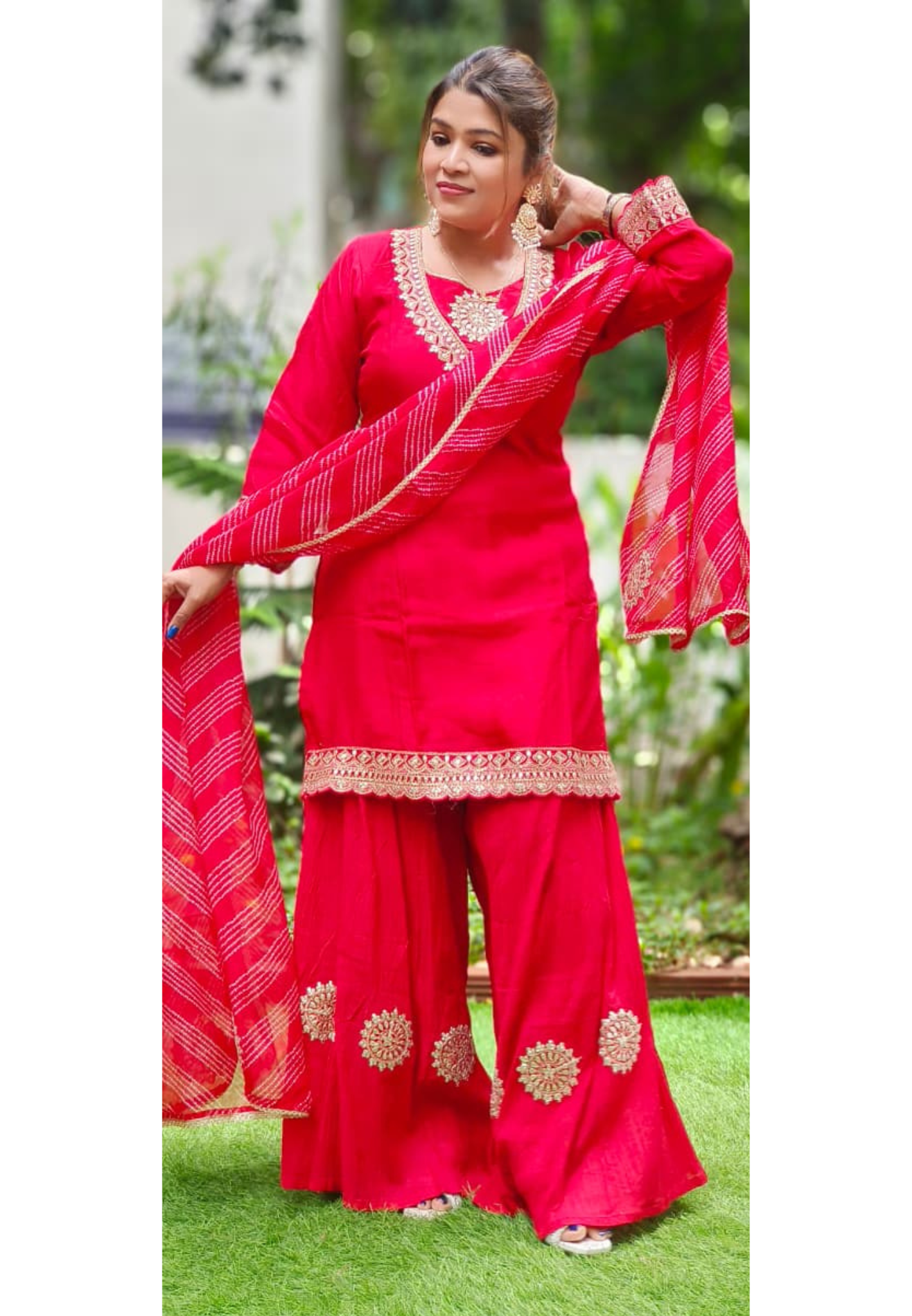 Beautiful Neck Line Front Work A-Line Russian Silk Full Suit Set With Dupatta & Mul Chanderi Palazzo Bottom (Loose Fit)- 11827