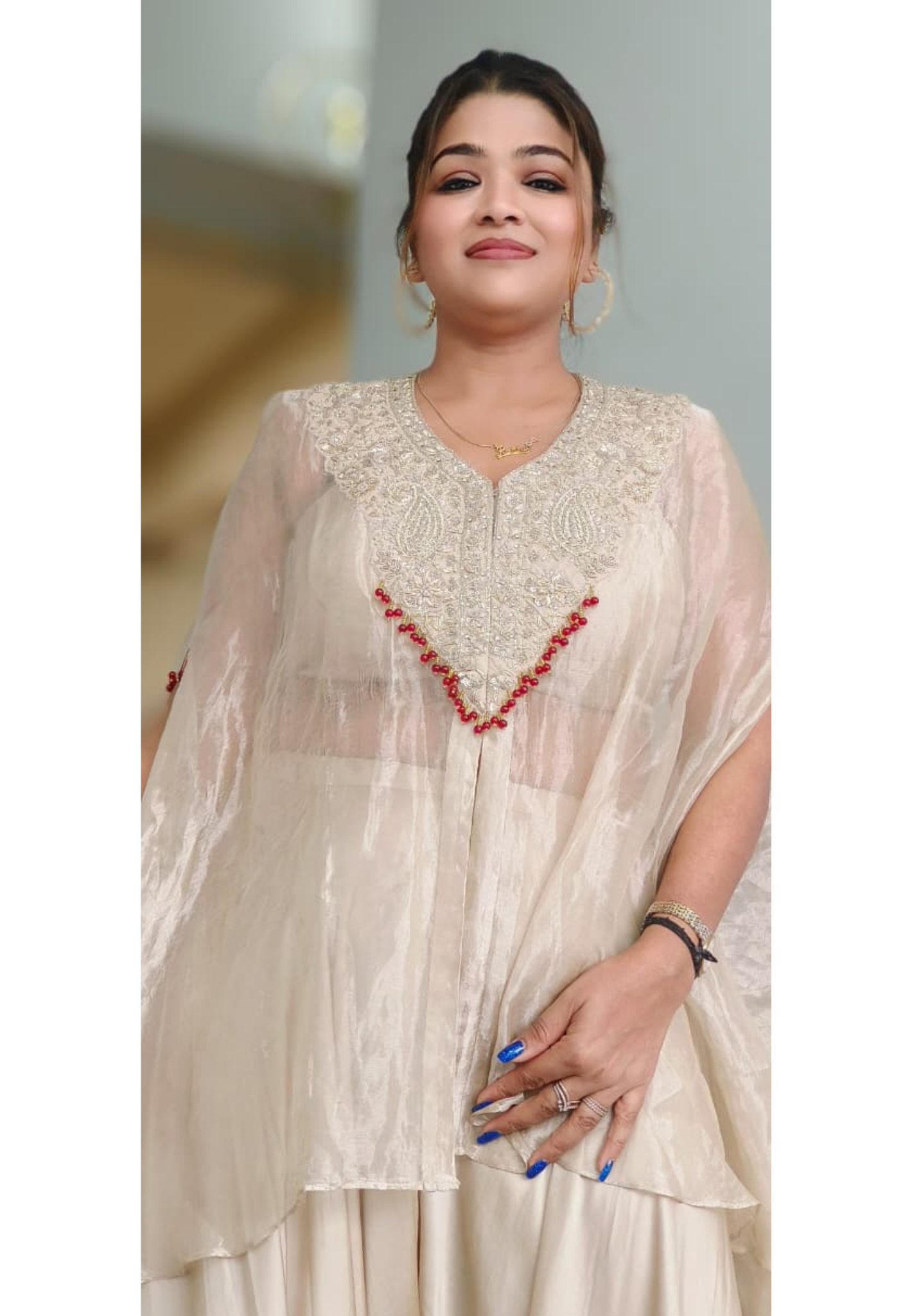 Royal Zardosi Embroidered Pure Tissue Kaftan With Padded Buster & Stylish Cowl Style Box Crepe Bottom