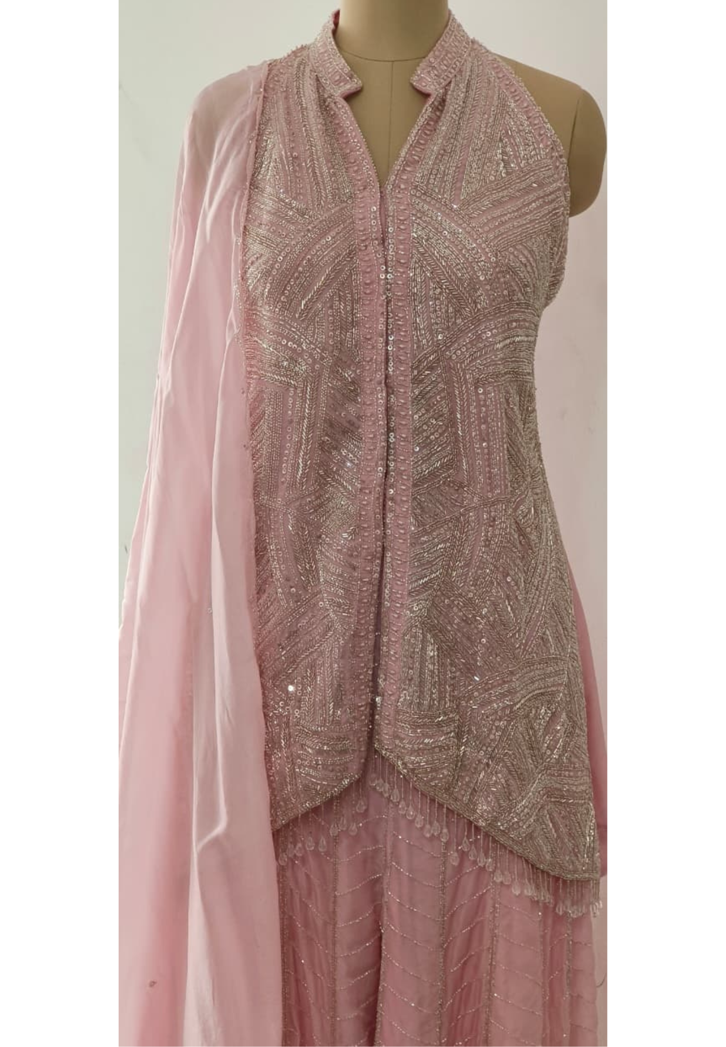 Very Elegant Crystal Tassel With Complete Cut Dana & Sequin Overloaded Handwork Sleeveless Butterfly Cut Kurta With Loose Palazzo Bottom & Organza Dupatta- 11767