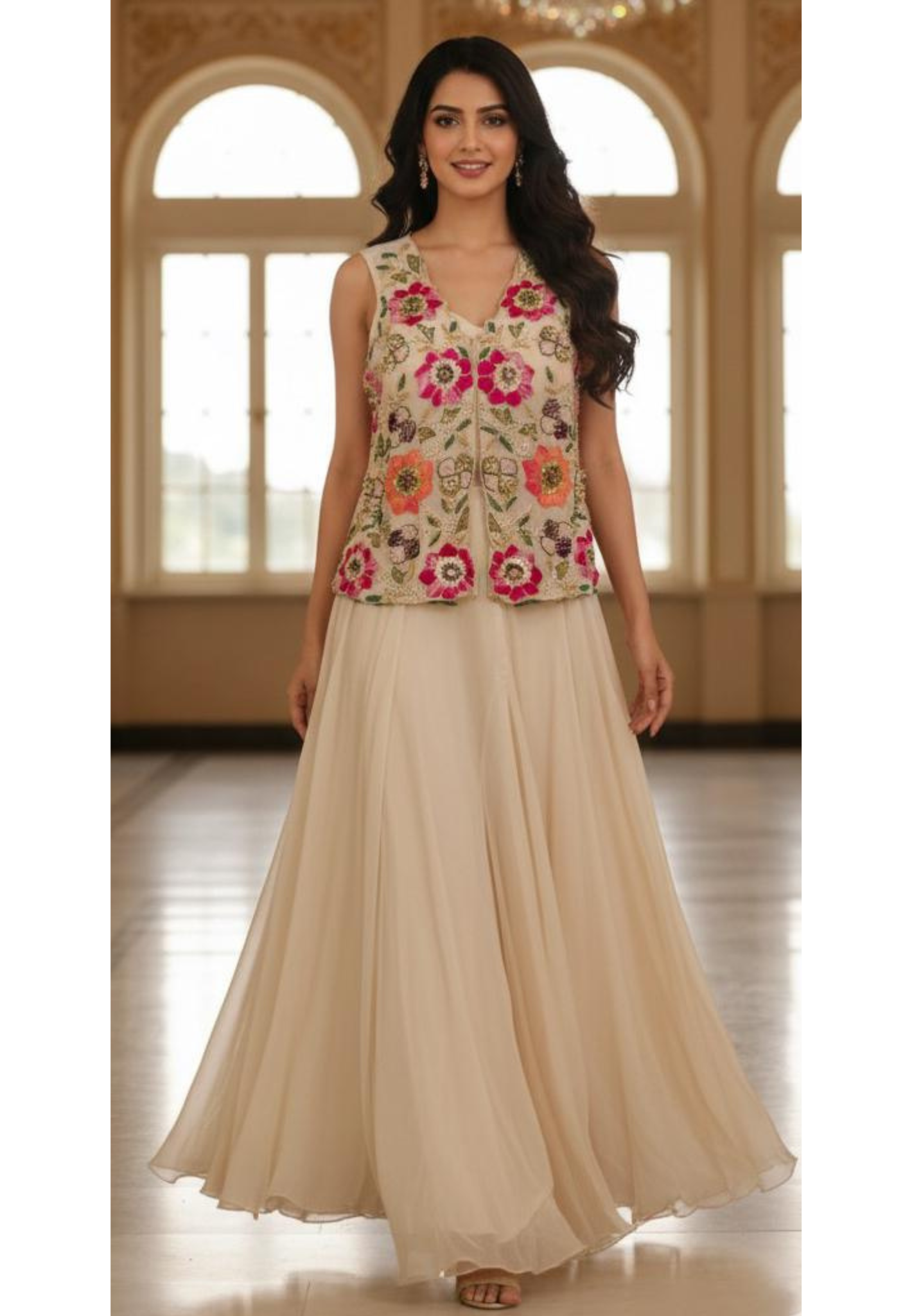 3D Look Floral Embroidery Handwork Sleeveless Jacket With Buster & Flared Palazzo Bottom
