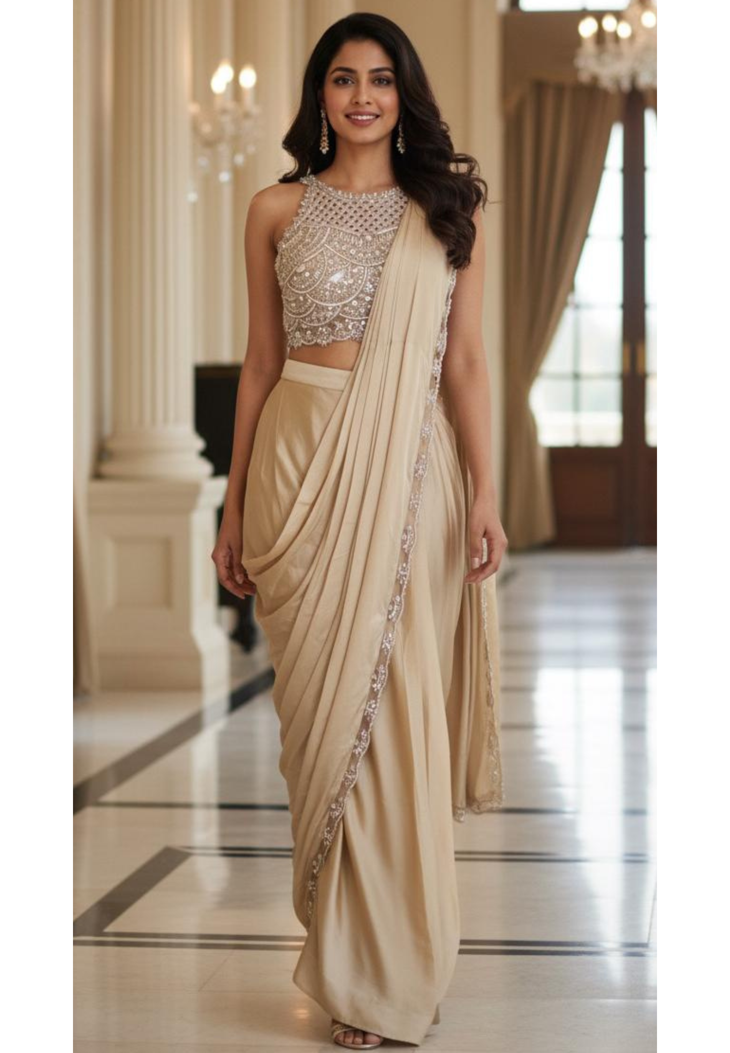 Heavily Handwork Beads Elegance With Cut Work Blouse & Beautifully Bordered Drape Saree
