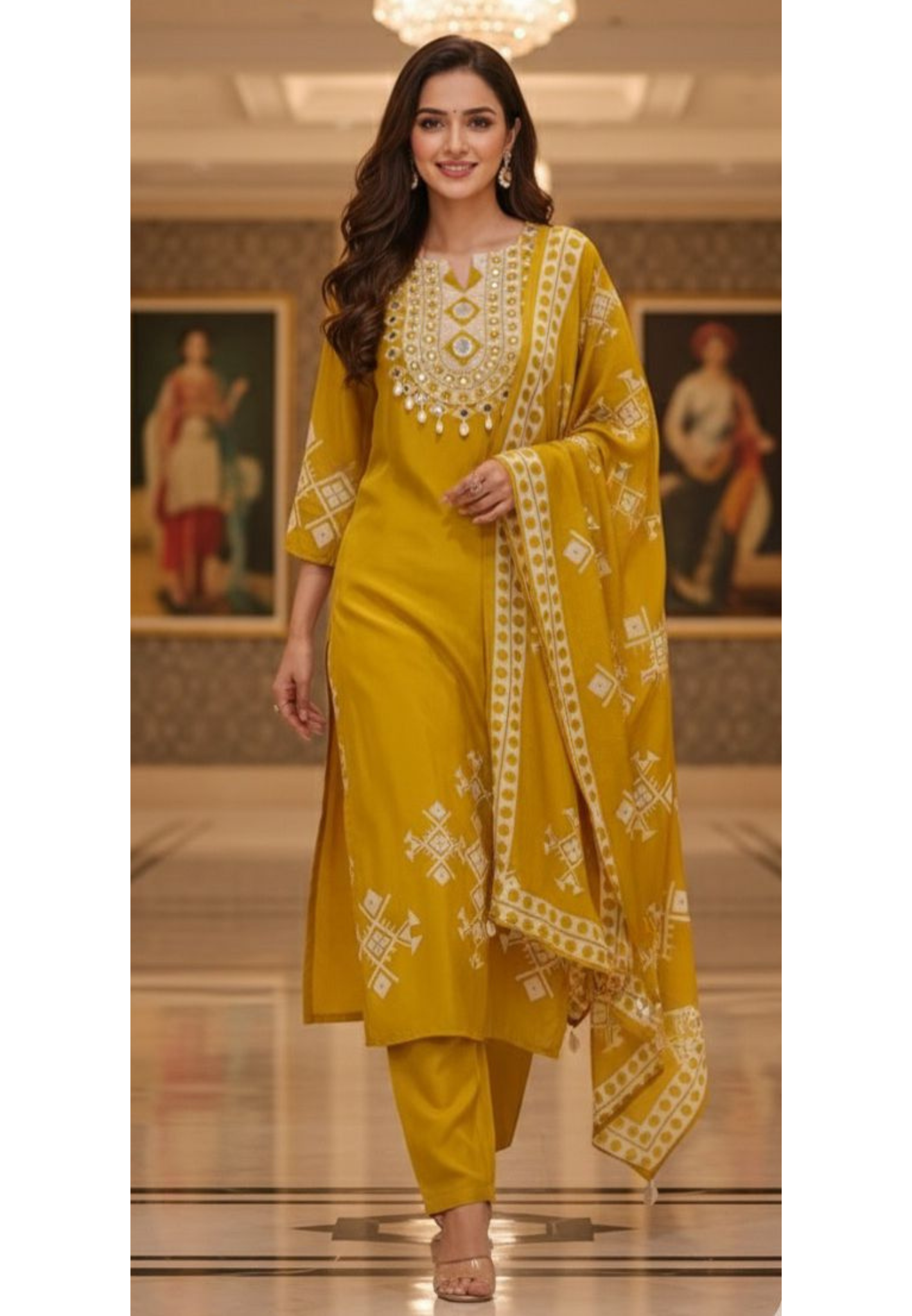 Real Mirror Shell Tassel Printed Full Suit Set With Dupatta In Pure Crepe Fabric- 11547