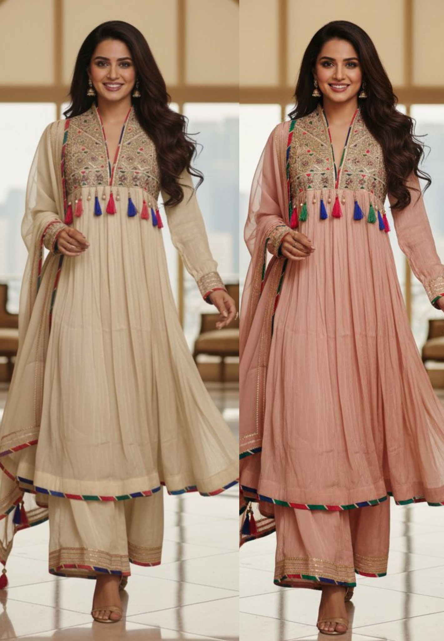 Pastel Shade Crushed Silk Anarkali With Heavy Mirror & Thread Embroidery On Yoke Multicolor Tassel Detailing Full Suit Set