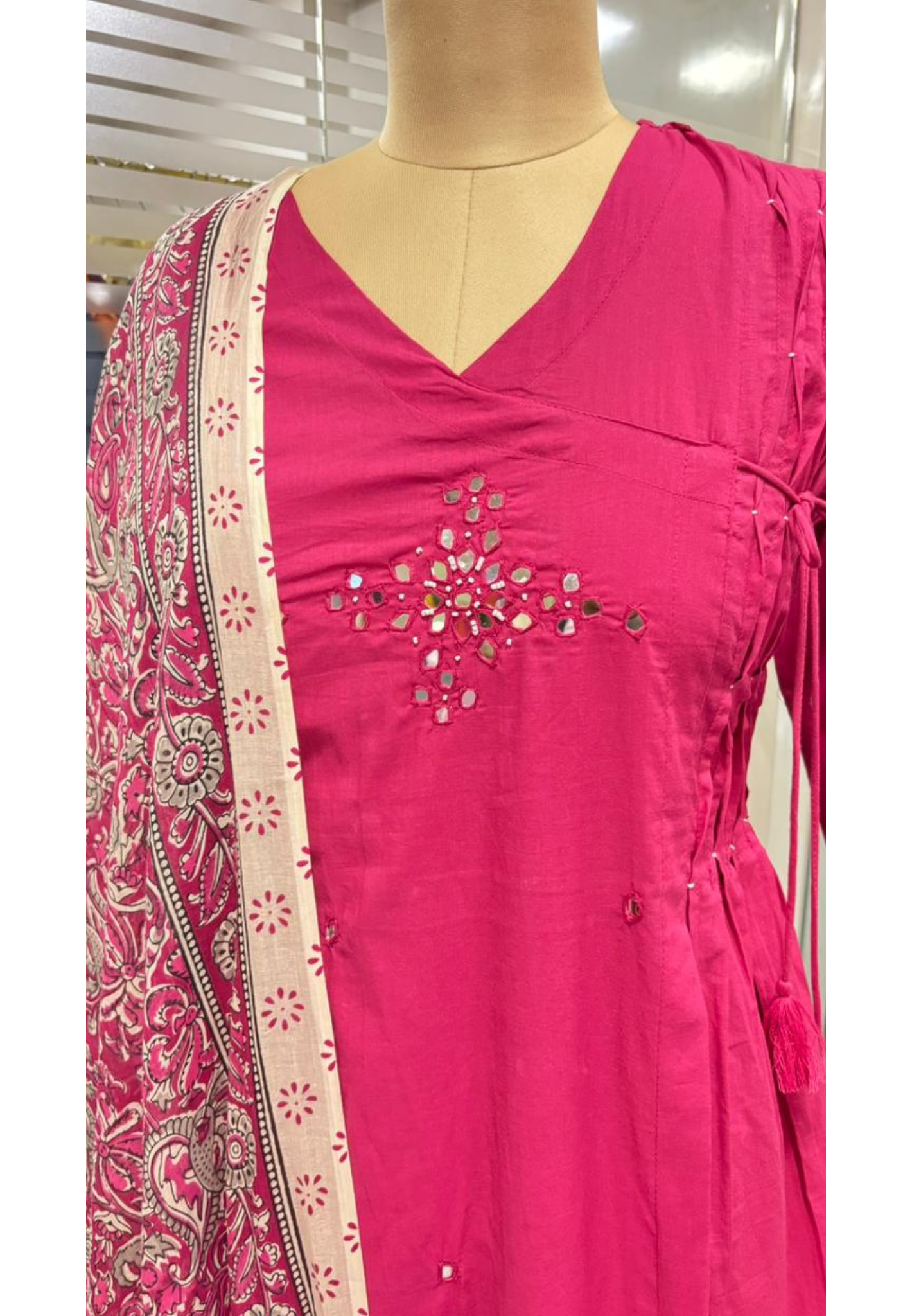 Zig-Zag Side Knotted Real Mirror Front Work Full Suit Set With Dupatta In Cotton Fabric- 12096, 12097
