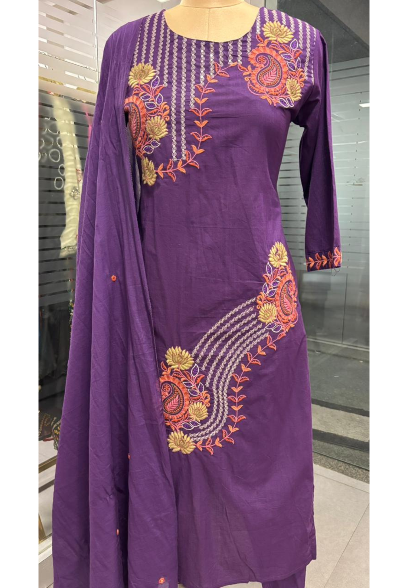 Placement Thread Embroidered Full Suit Set With Dupatta In Cotton Fabric- 11799