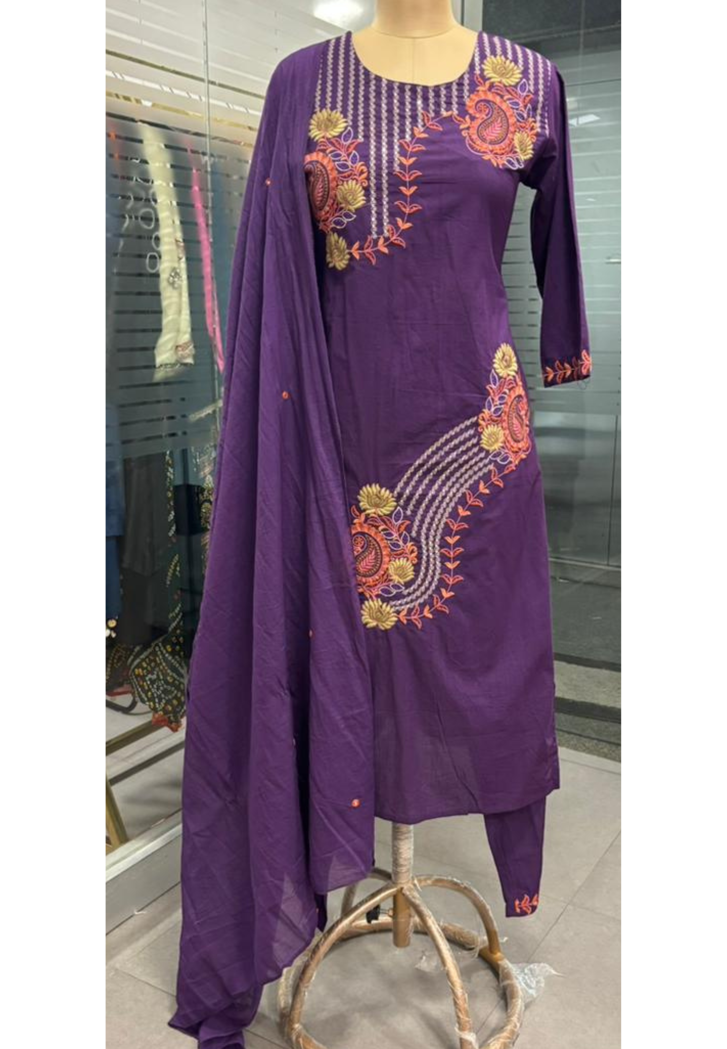 Placement Thread Embroidered Full Suit Set With Dupatta In Cotton Fabric- 11799
