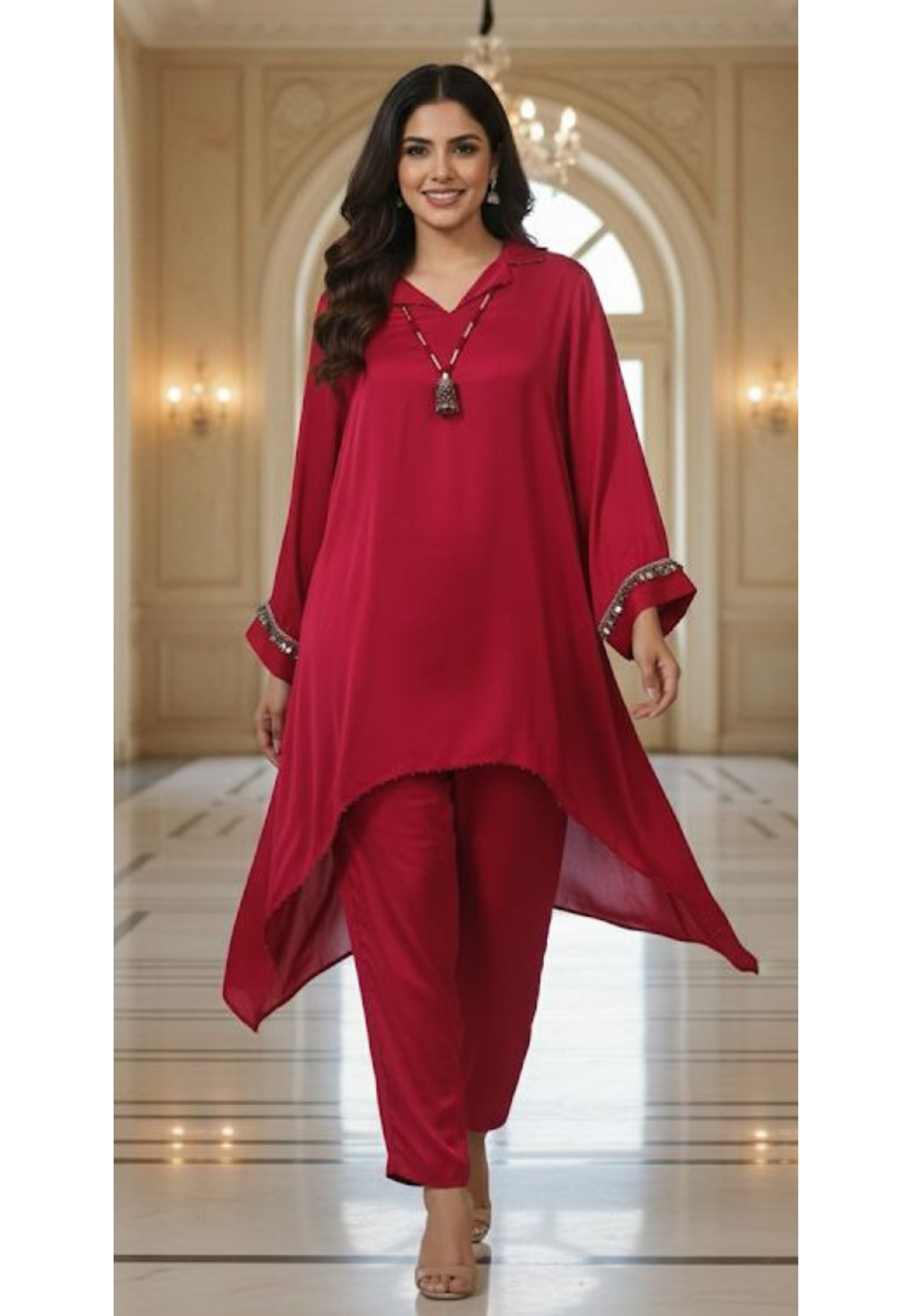 Stylish Indo-western Pure Crape Hi Low Pattern Kurta pant With NeckPiece