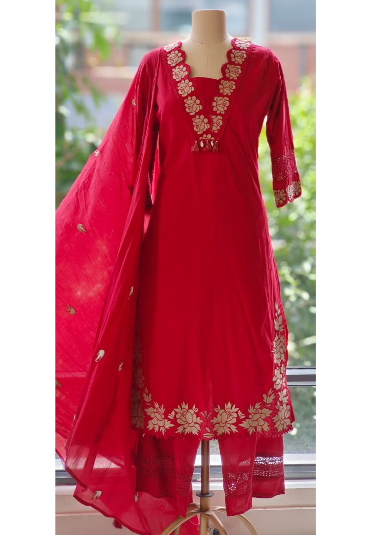Rose Thread Embroidered V-Neck Cotton Full Suit Set With Dupatta- 12100,12098,12101,12099