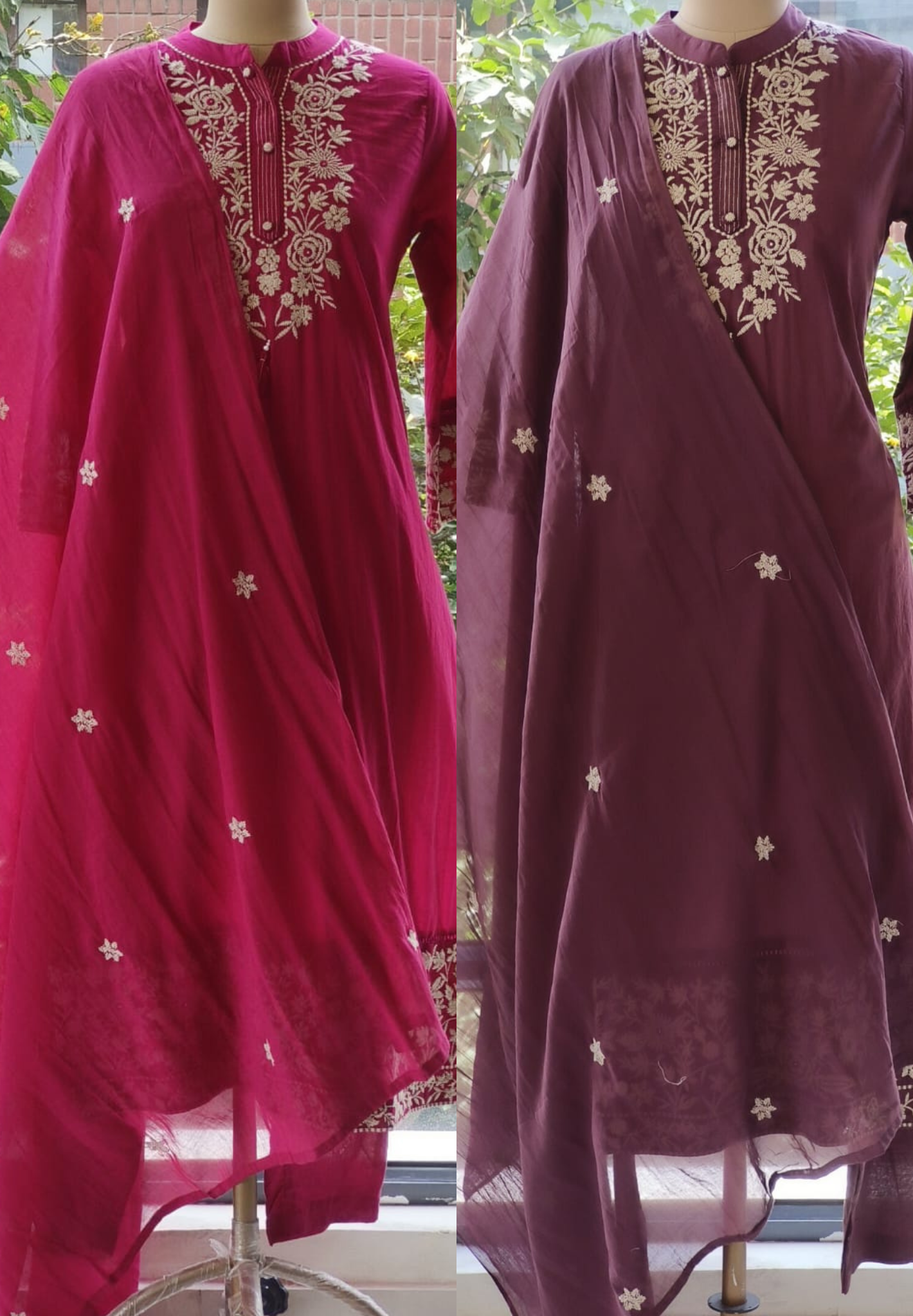 Mandarian Collar Cotton Thread Embroidered Full Suit Set With Dupatta- 12089,12090