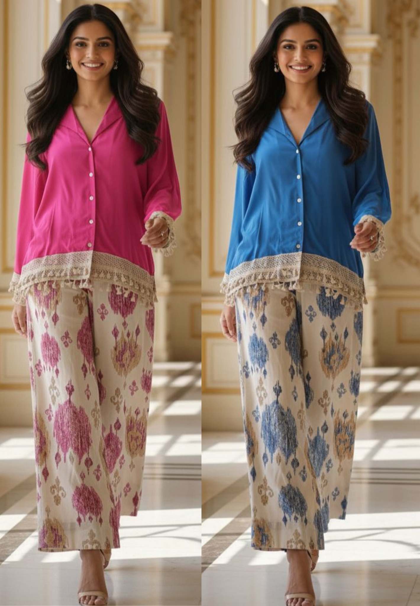 Solid Shade Muslin Fabric Top With Printed Flex Cotton Bottom Cord Set- 11645,11646